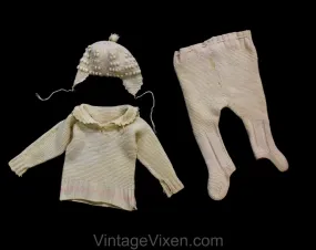 3T Toddler's Winter Snow Suit - 1920s 30s Hand Knitted Wool Sweater, Pants with Foot Covers & Hat - Ivory and Pink Girl's - As Is - Chest 18