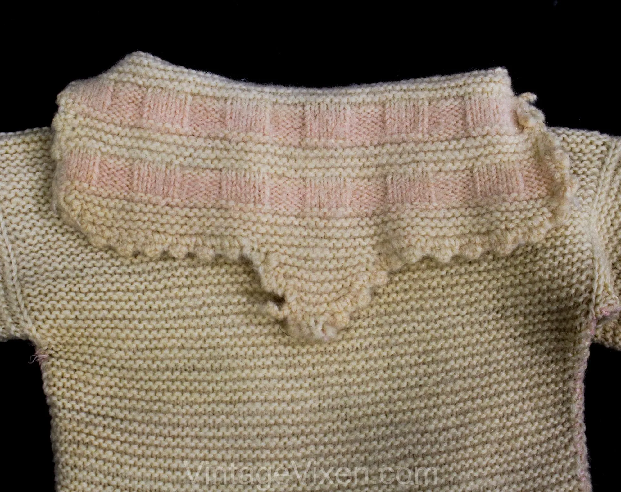 3T Toddler's Winter Snow Suit - 1920s 30s Hand Knitted Wool Sweater, Pants with Foot Covers & Hat - Ivory and Pink Girl's - As Is - Chest 18