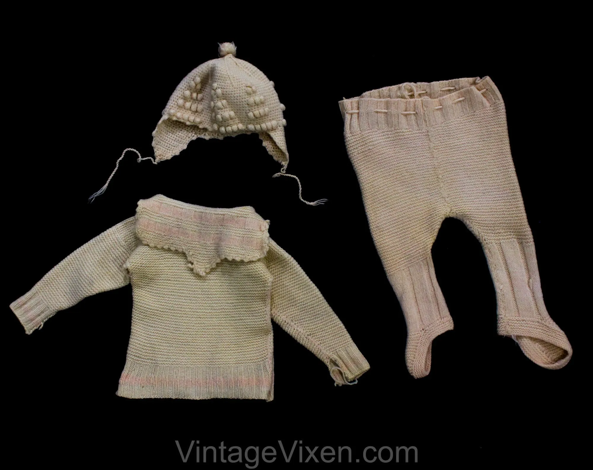 3T Toddler's Winter Snow Suit - 1920s 30s Hand Knitted Wool Sweater, Pants with Foot Covers & Hat - Ivory and Pink Girl's - As Is - Chest 18
