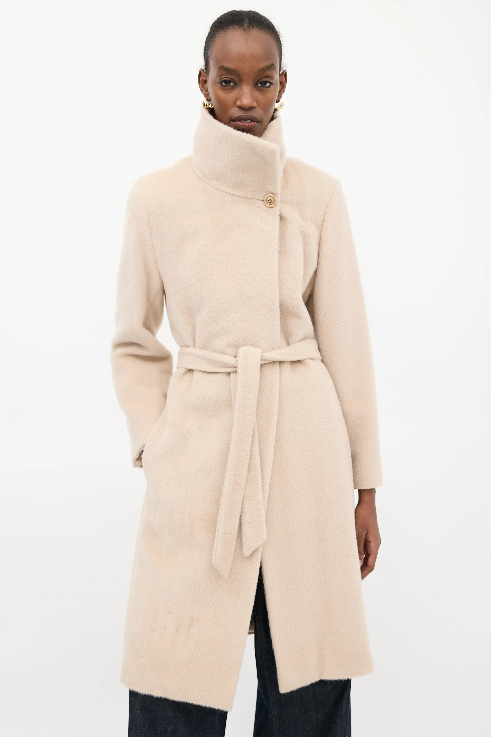Beige Funnel Neck Wrap Coat