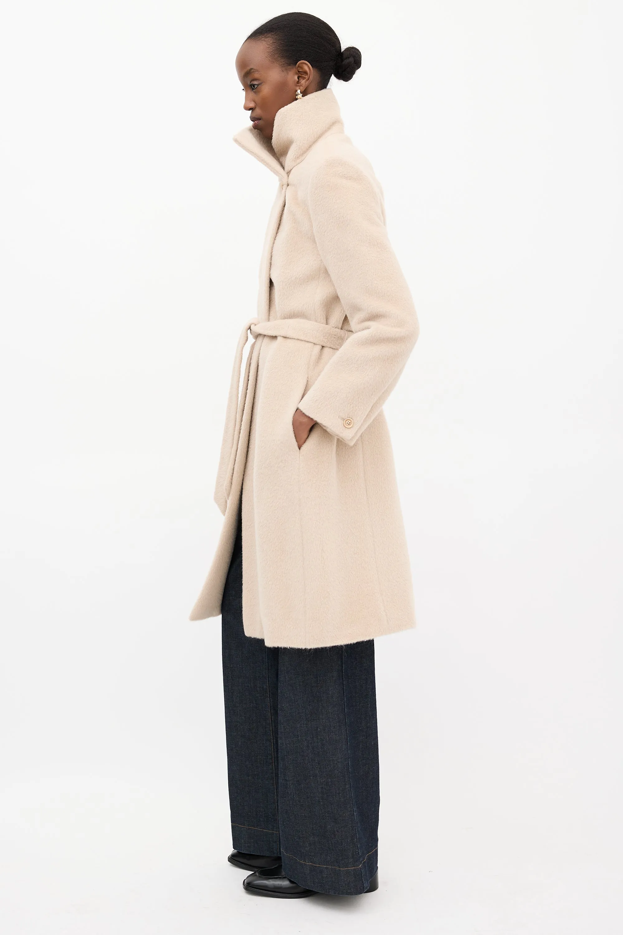 Beige Funnel Neck Wrap Coat