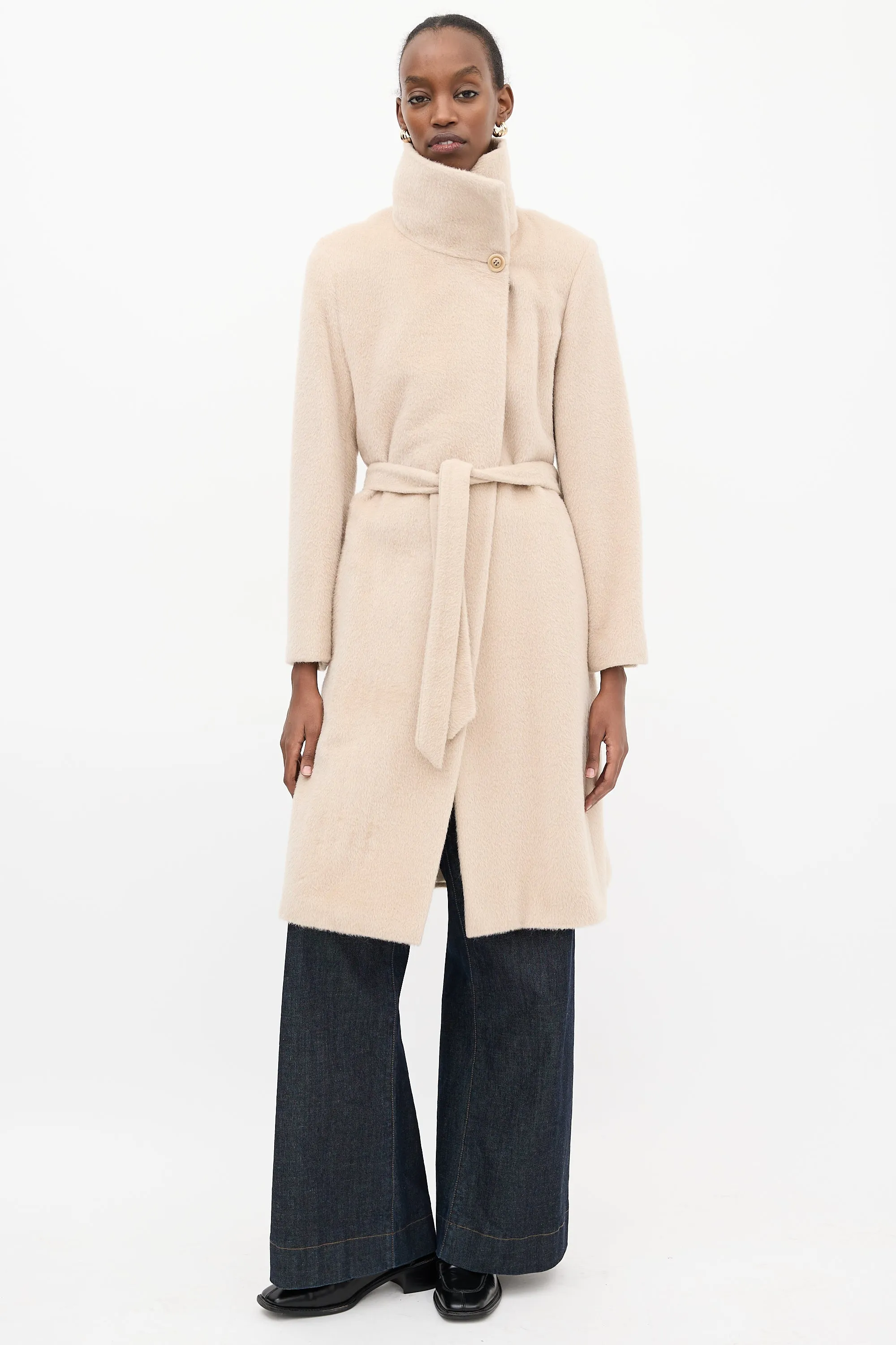 Beige Funnel Neck Wrap Coat