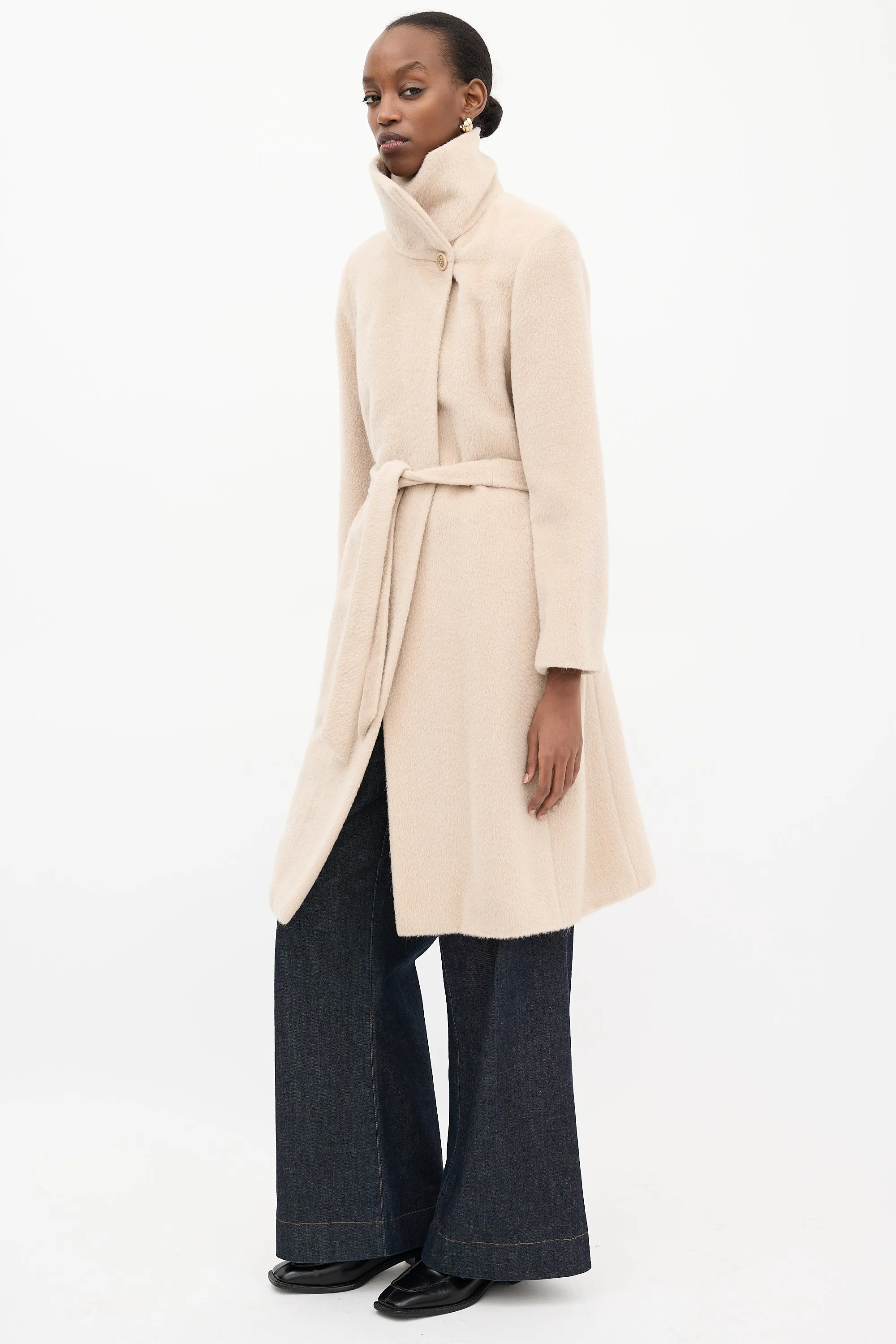 Beige Funnel Neck Wrap Coat