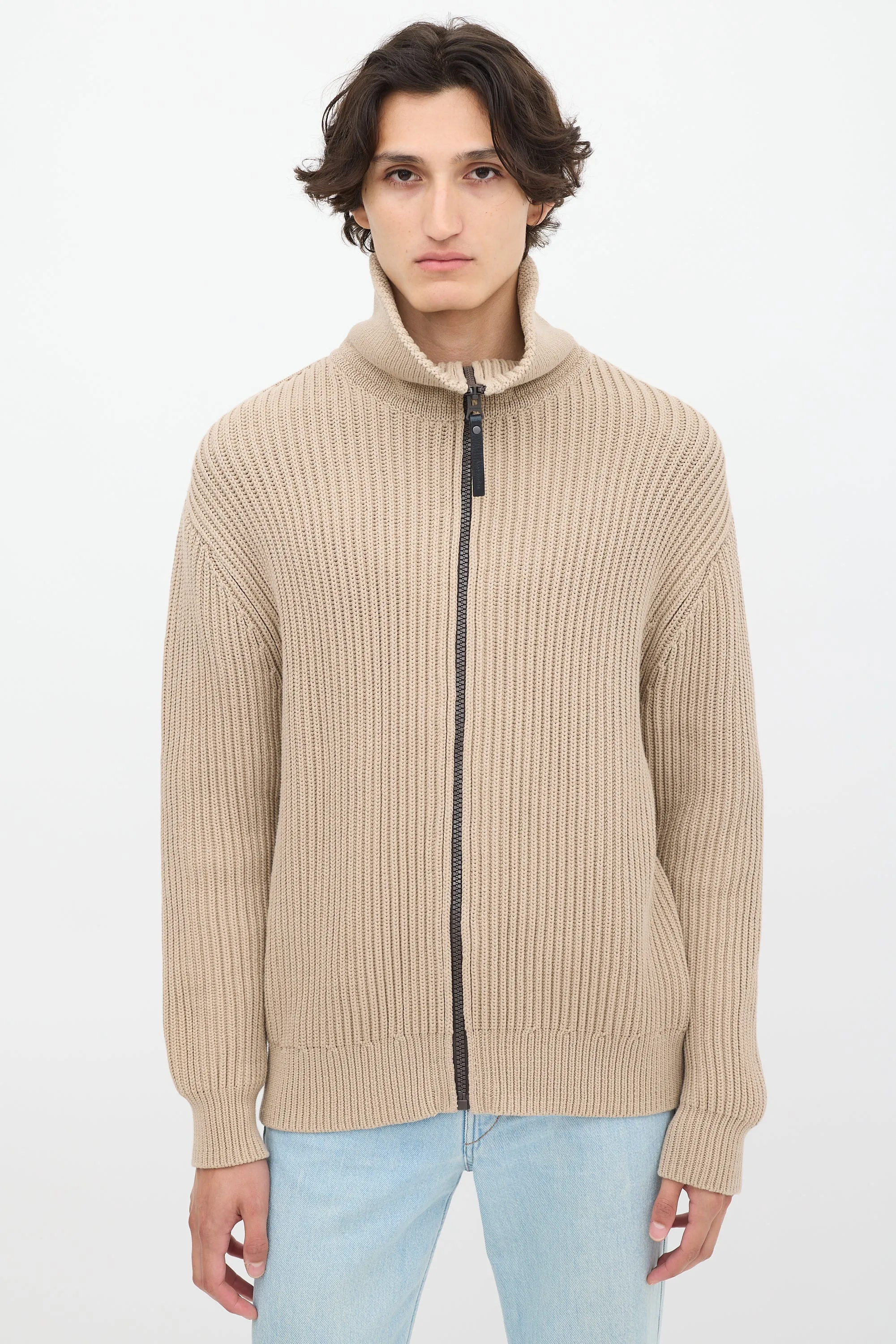 Beige Funnel Zipped Sweater