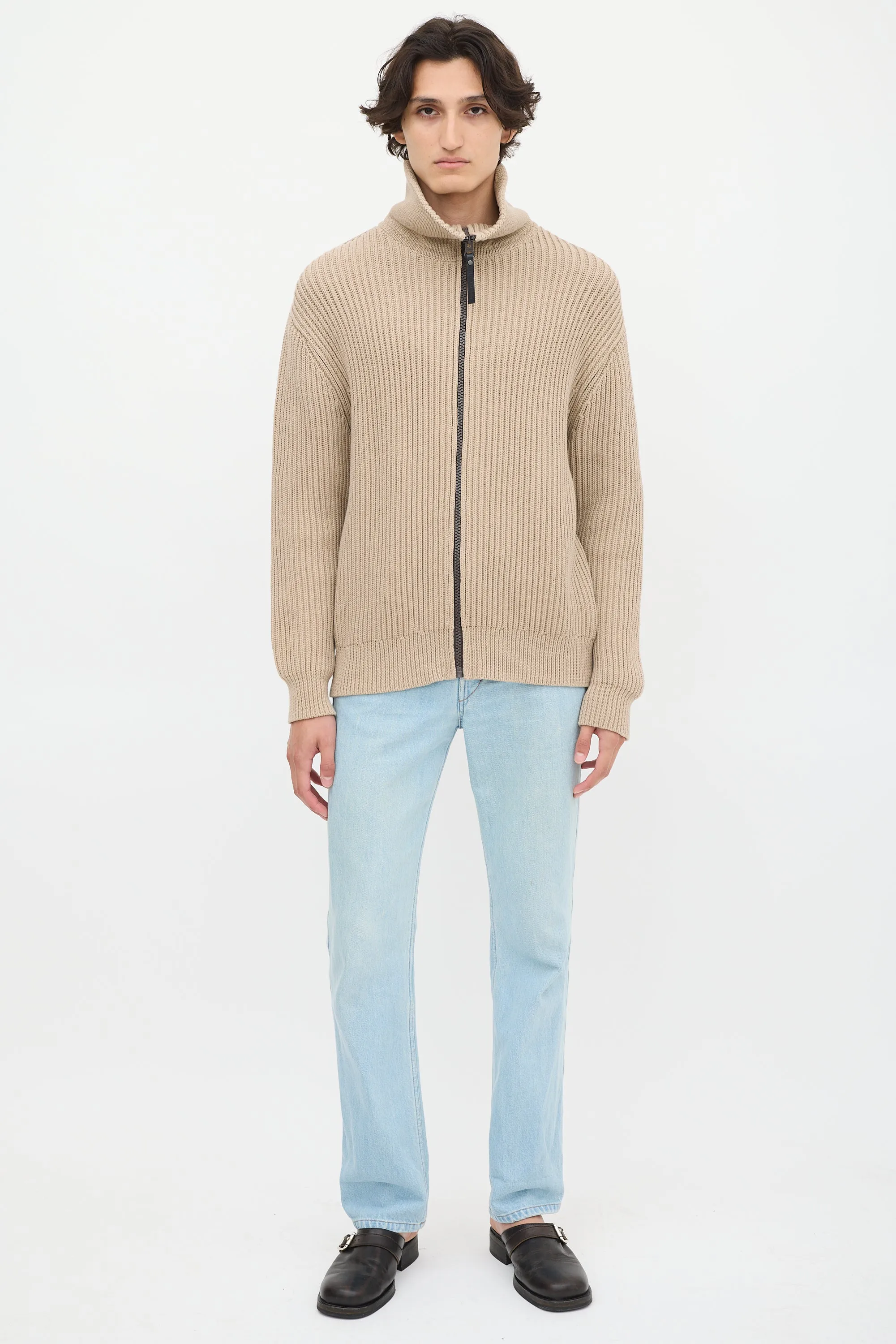 Beige Funnel Zipped Sweater