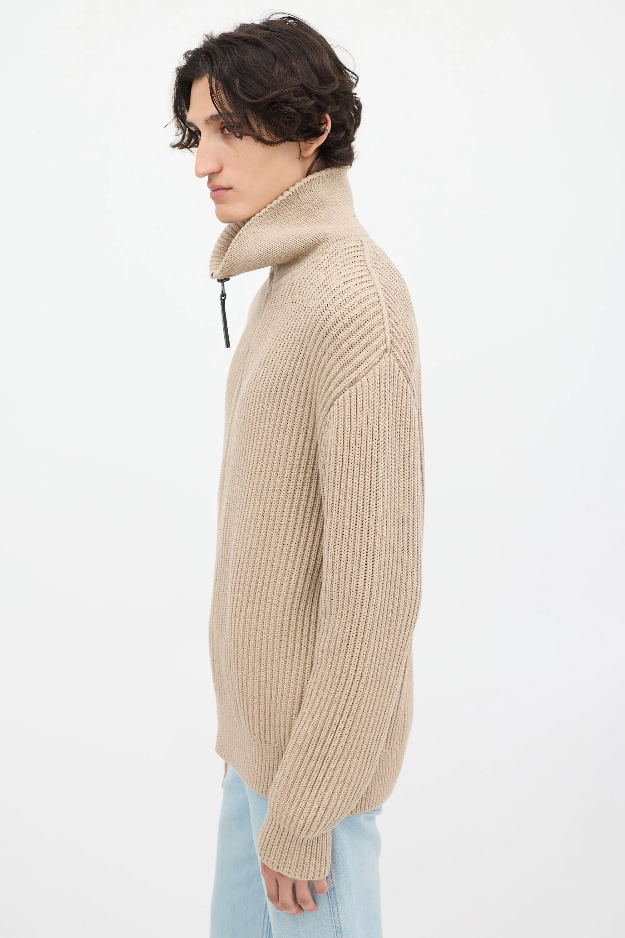 Beige Funnel Zipped Sweater