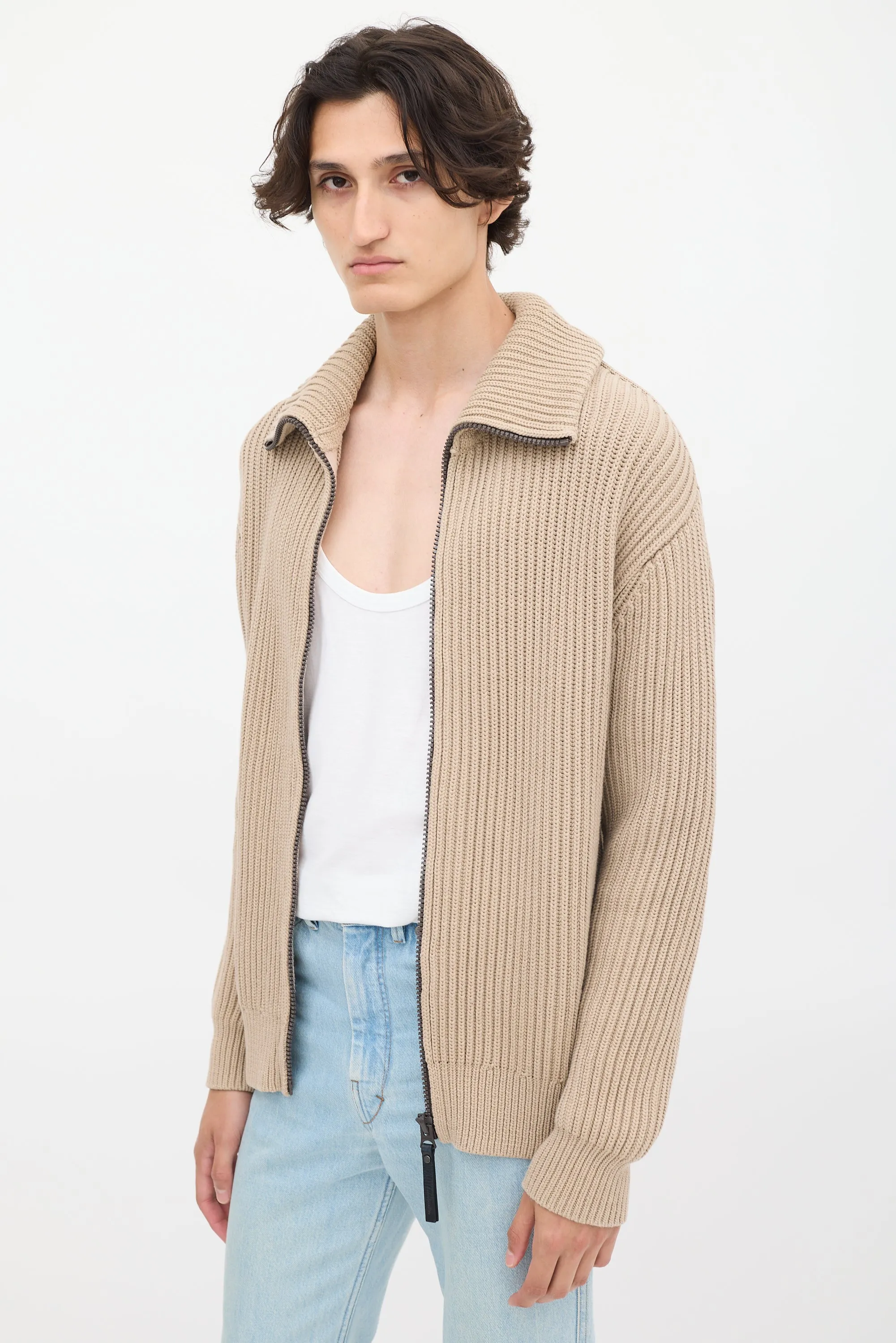 Beige Funnel Zipped Sweater
