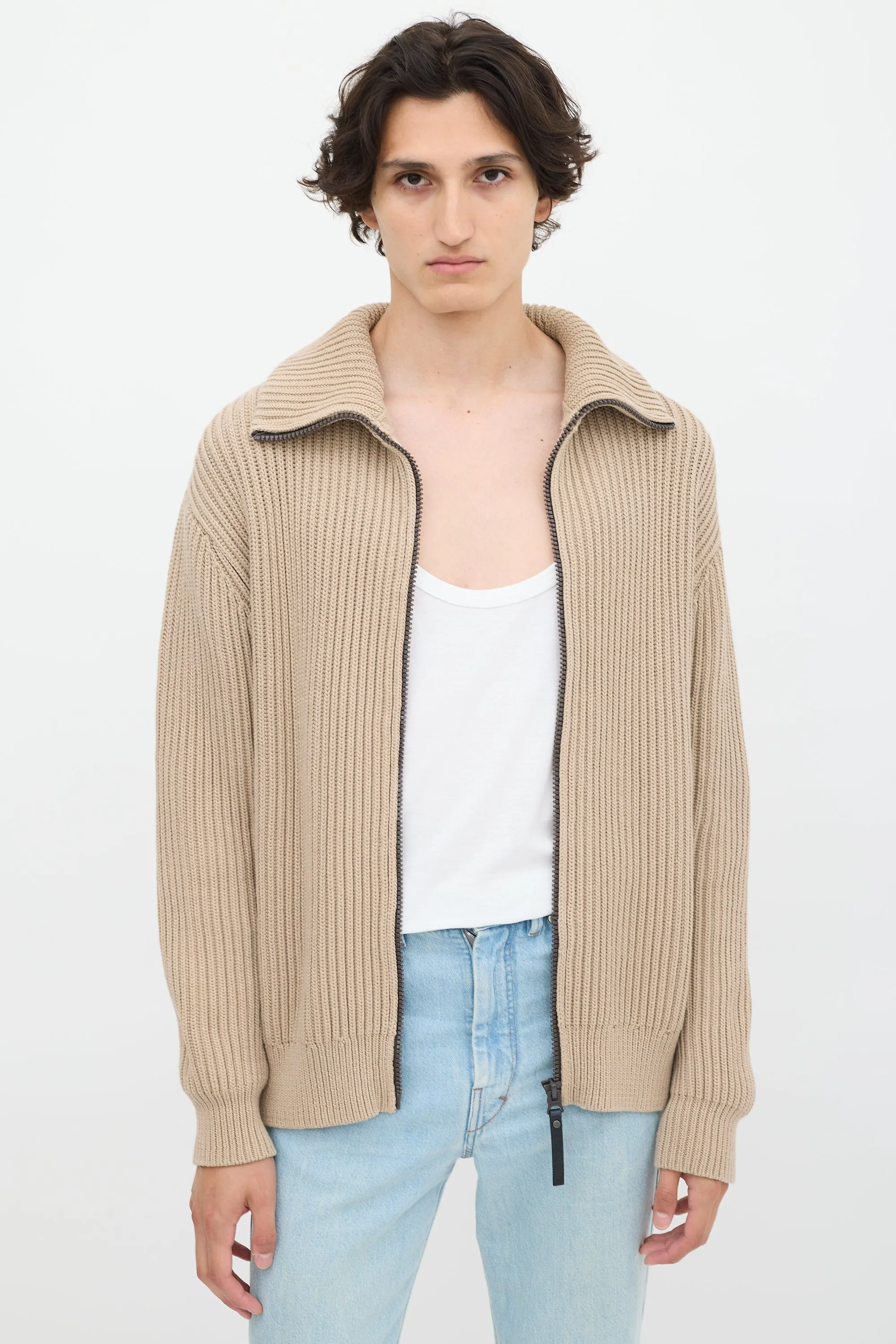Beige Funnel Zipped Sweater