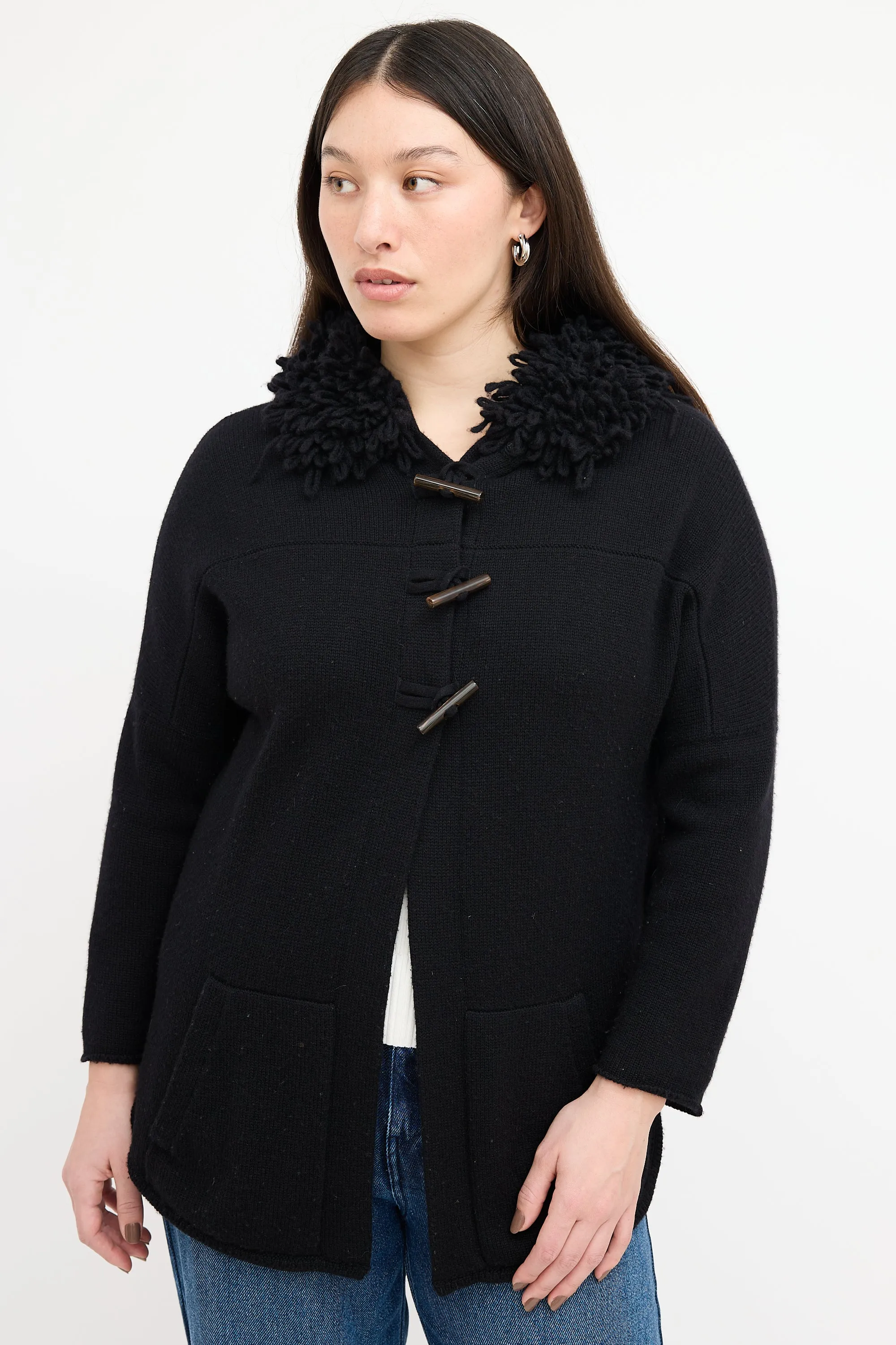 Black Cashmere Loop Fringe Hoodie