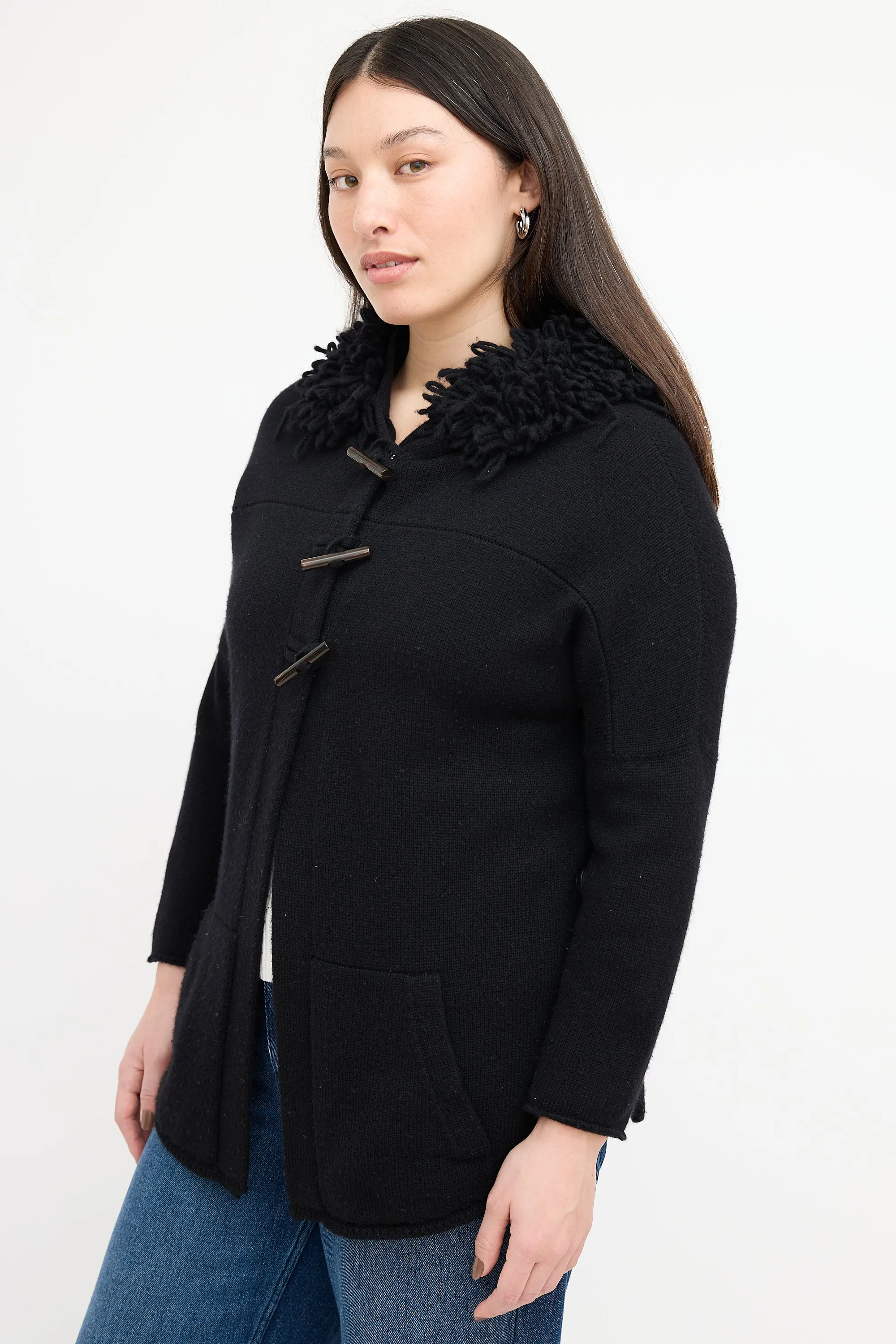 Black Cashmere Loop Fringe Hoodie