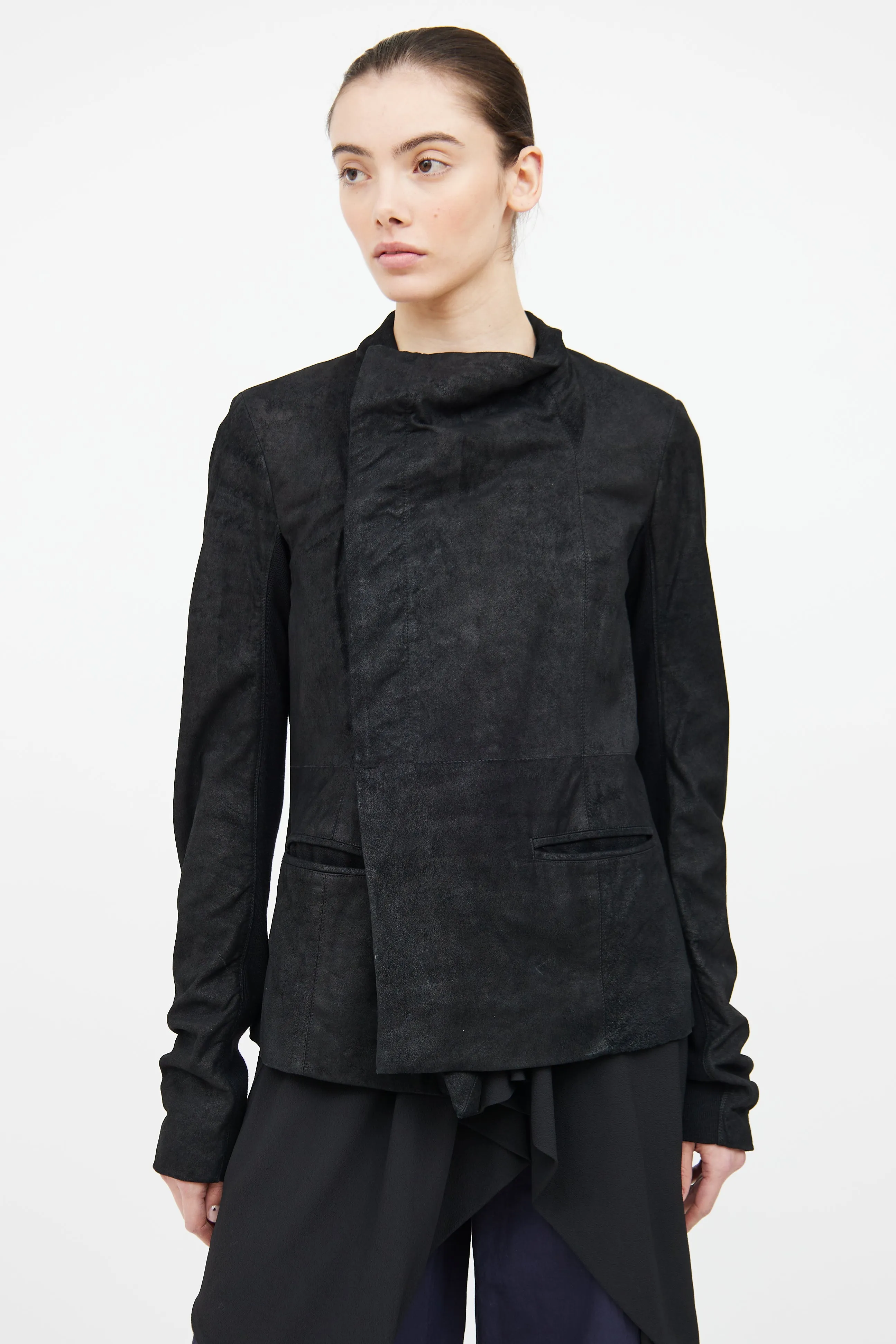 Black Leather Funnel Collar Jacket