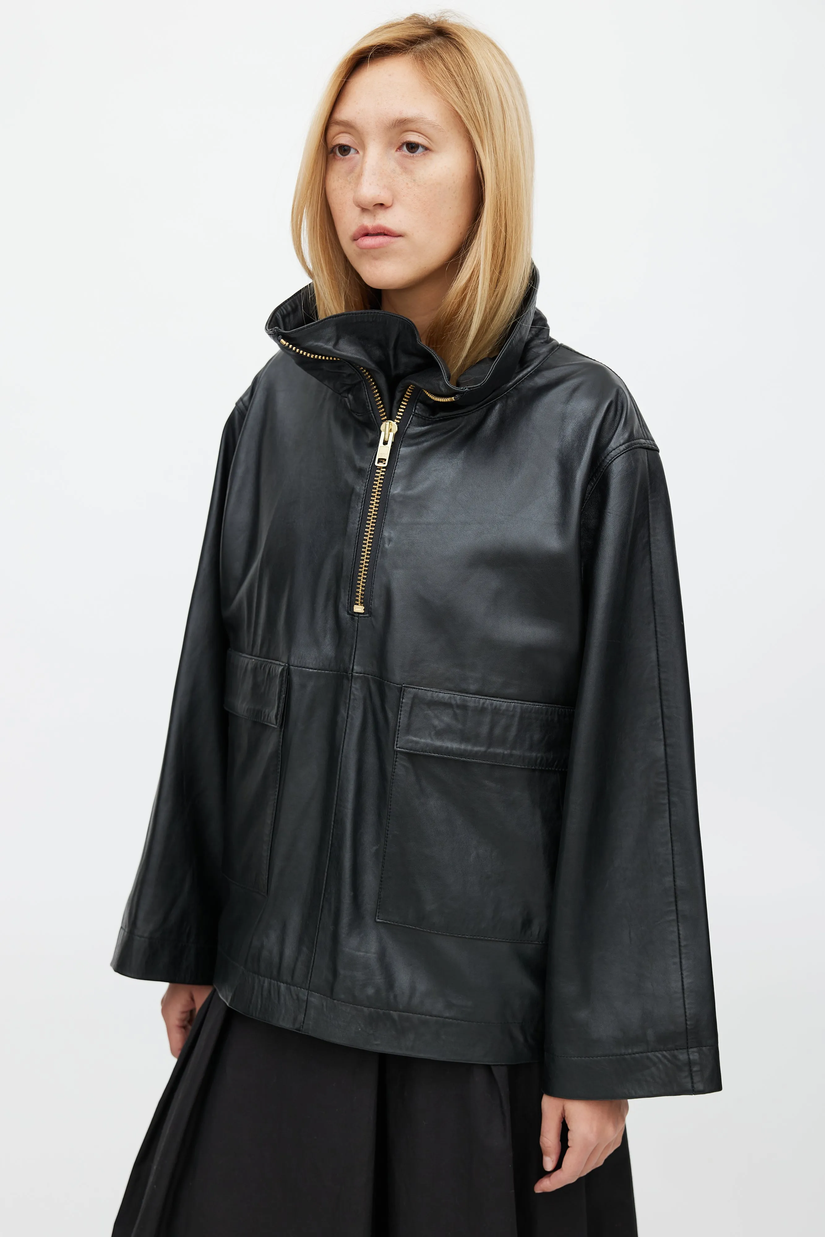 Black Leather Over The Head Anorak