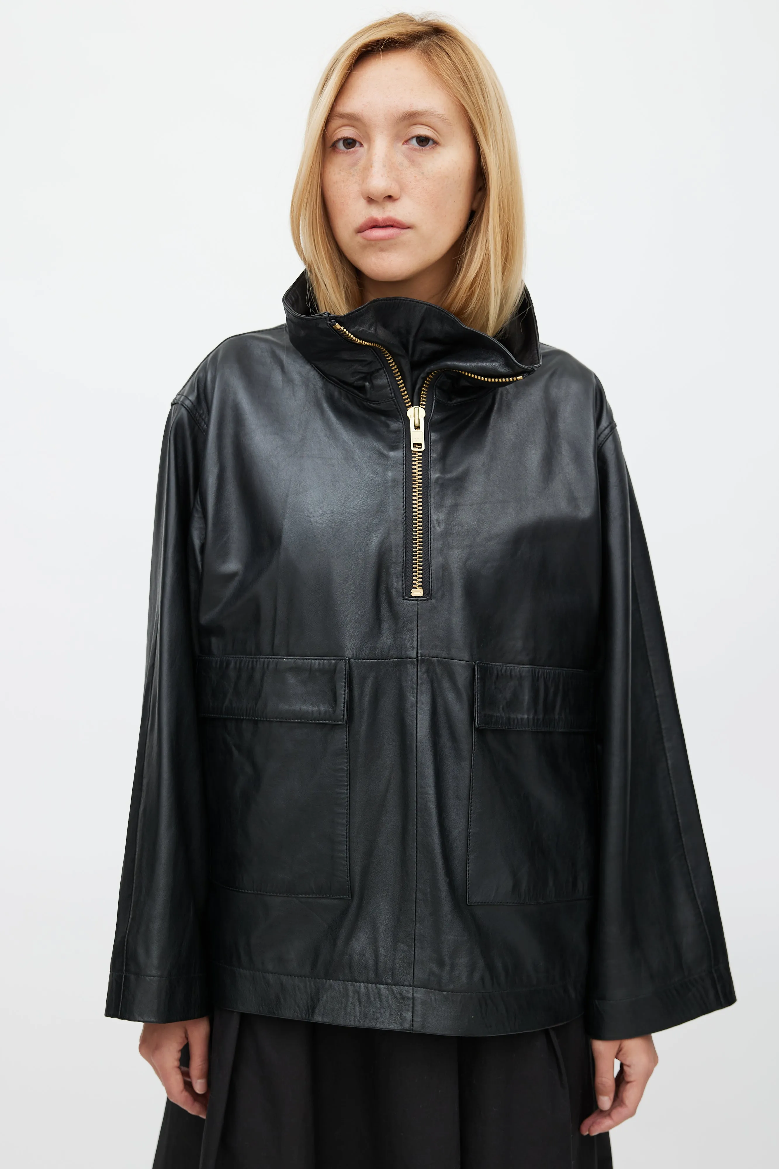 Black Leather Over The Head Anorak