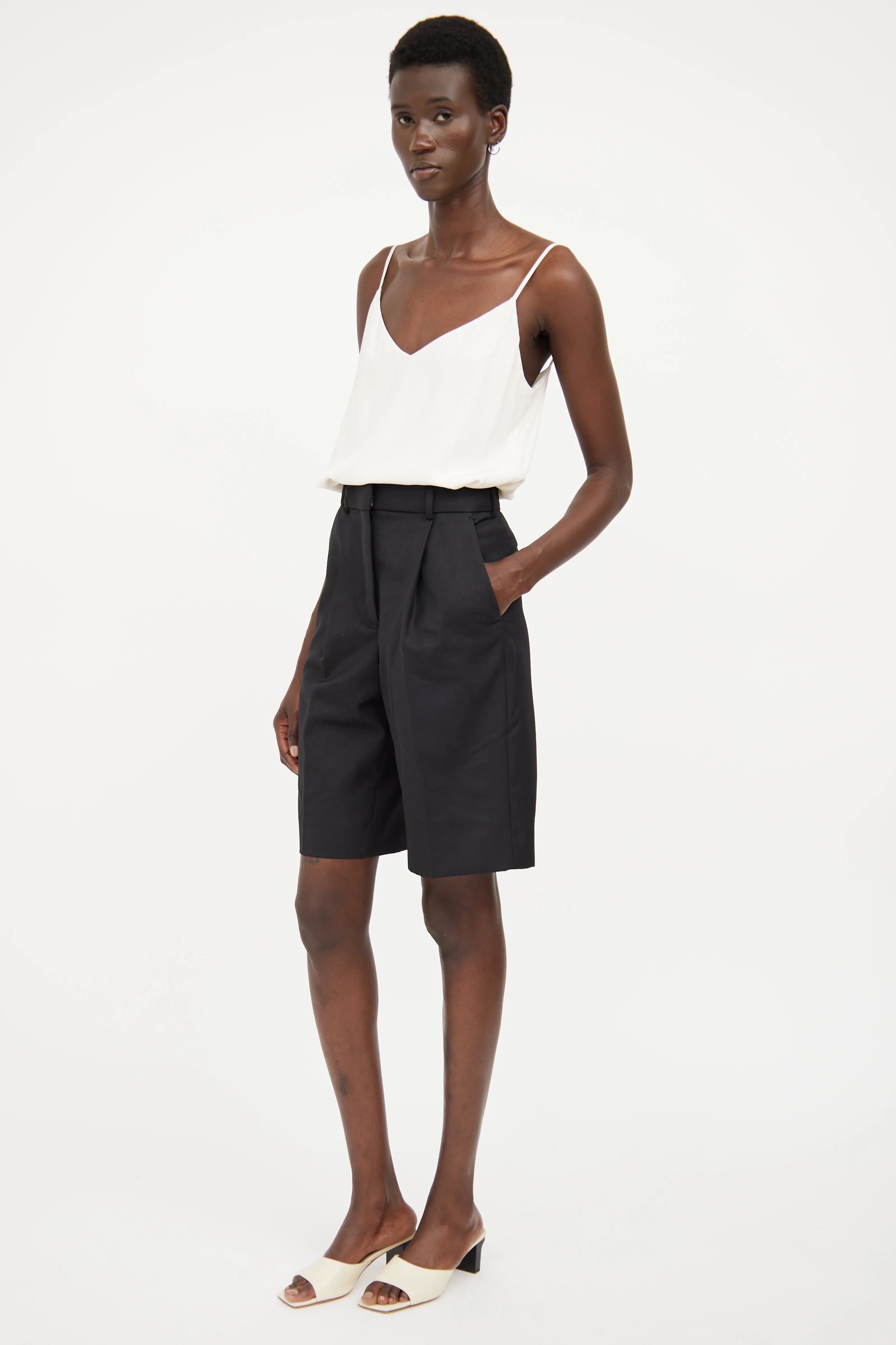 Black Wool Blend Pleat Shorts