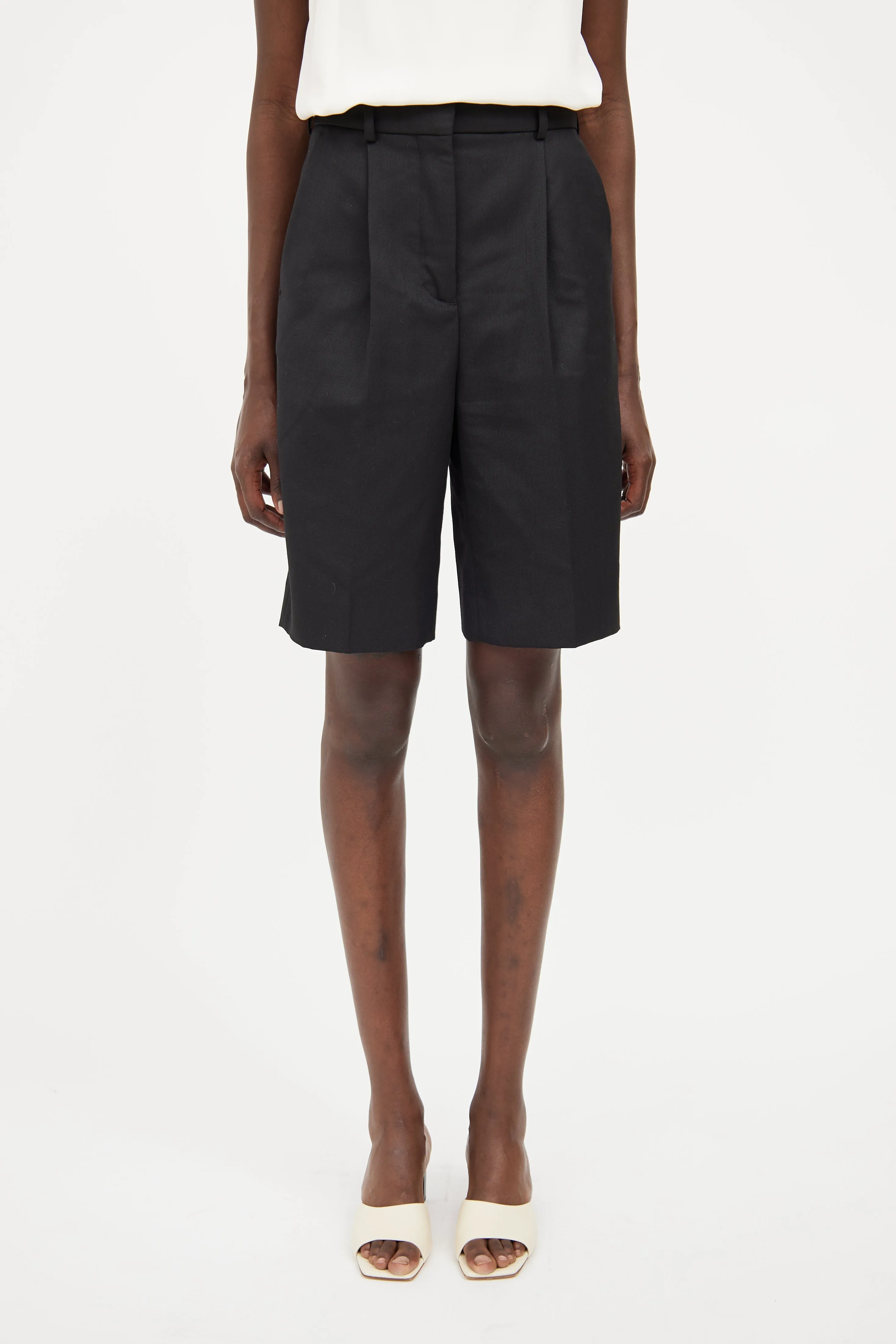Black Wool Blend Pleat Shorts