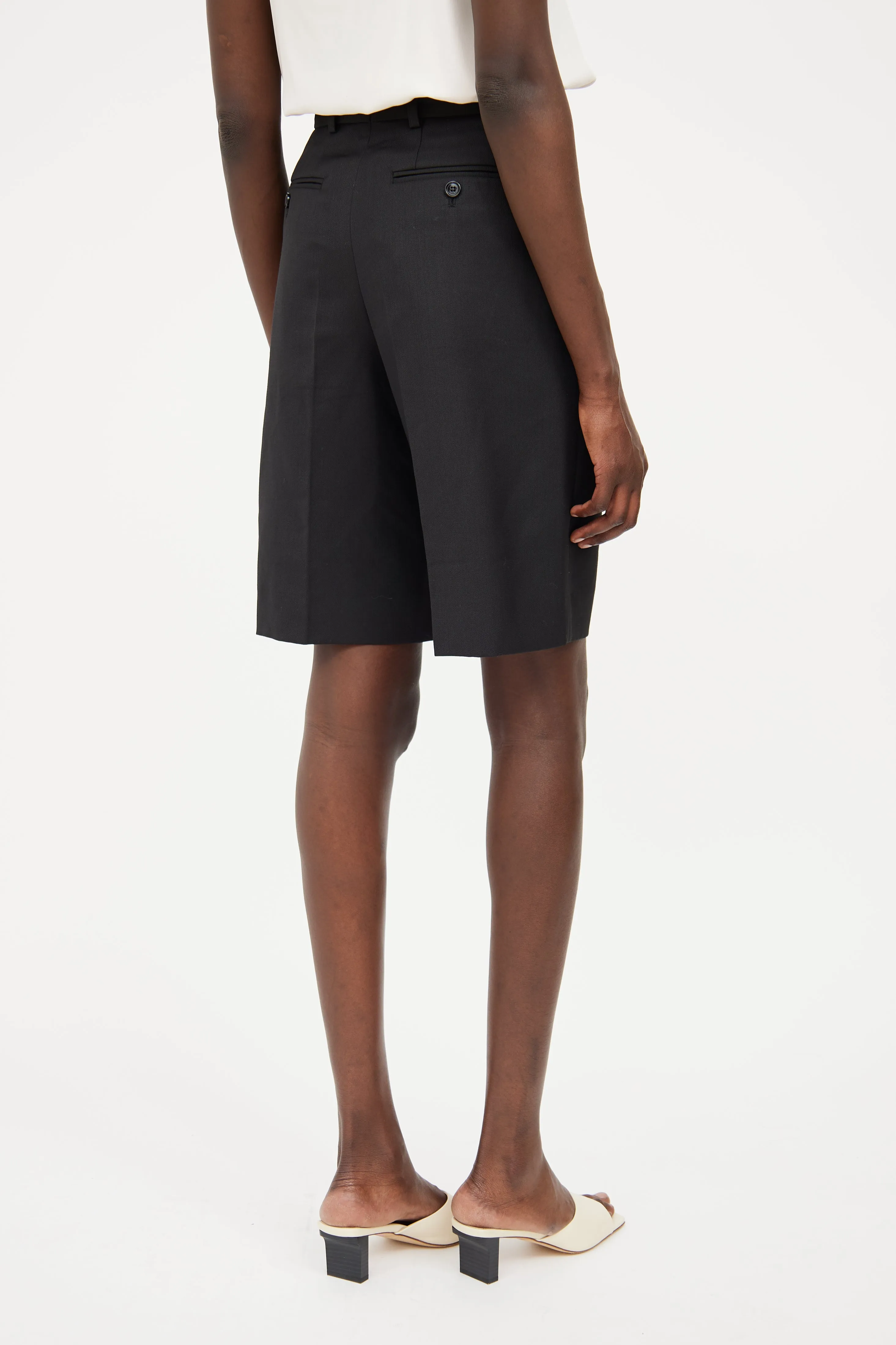 Black Wool Blend Pleat Shorts