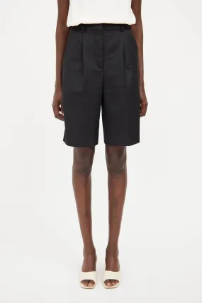 Black Wool Blend Pleat Shorts