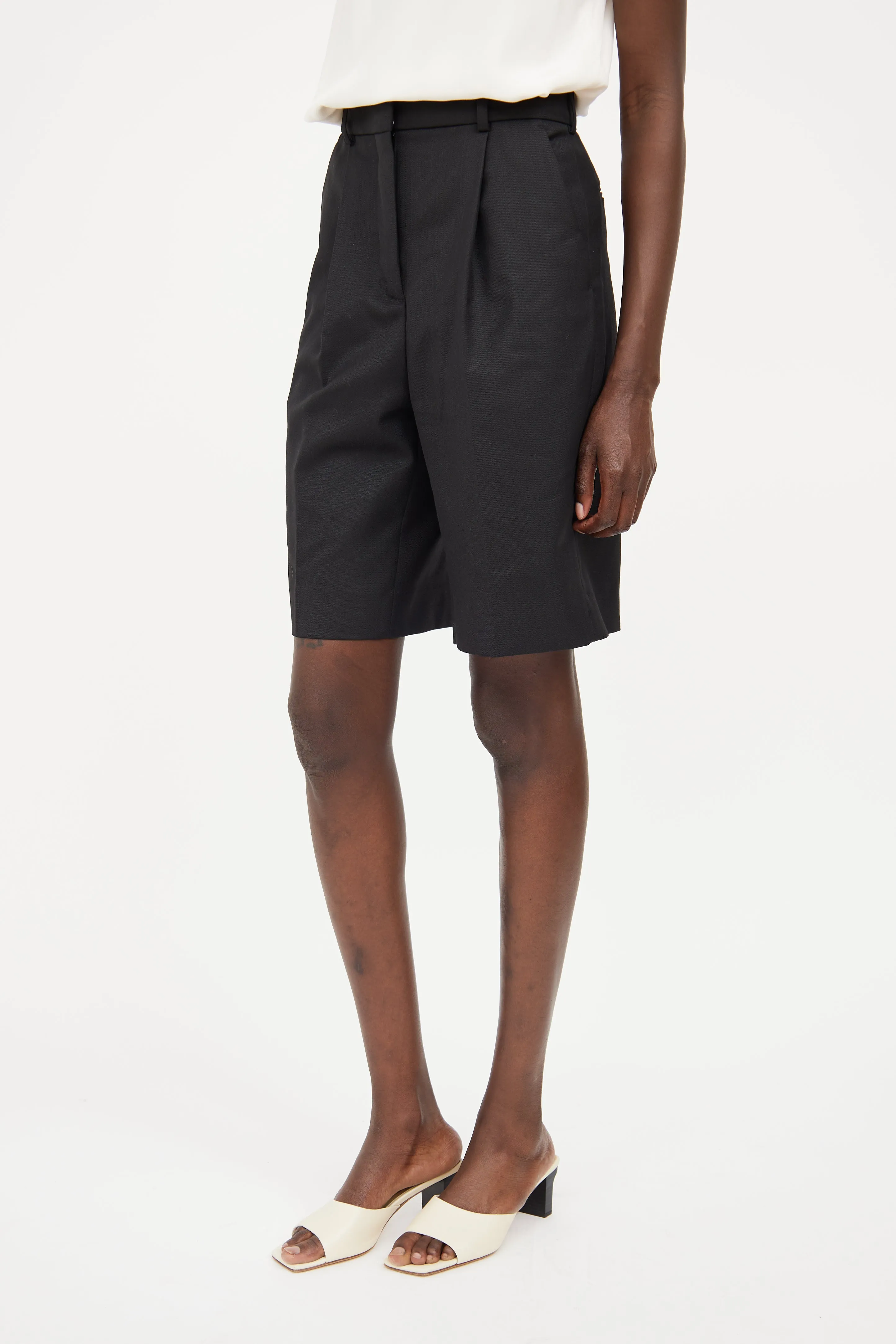 Black Wool Blend Pleat Shorts