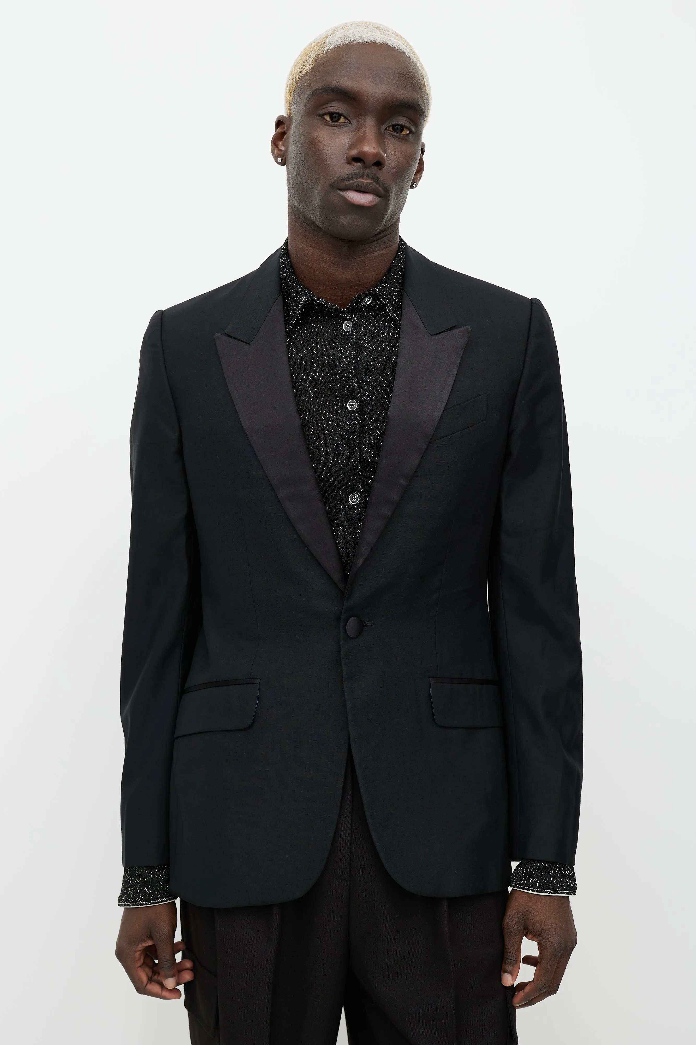 Black Wool Satin Lapel Blazer