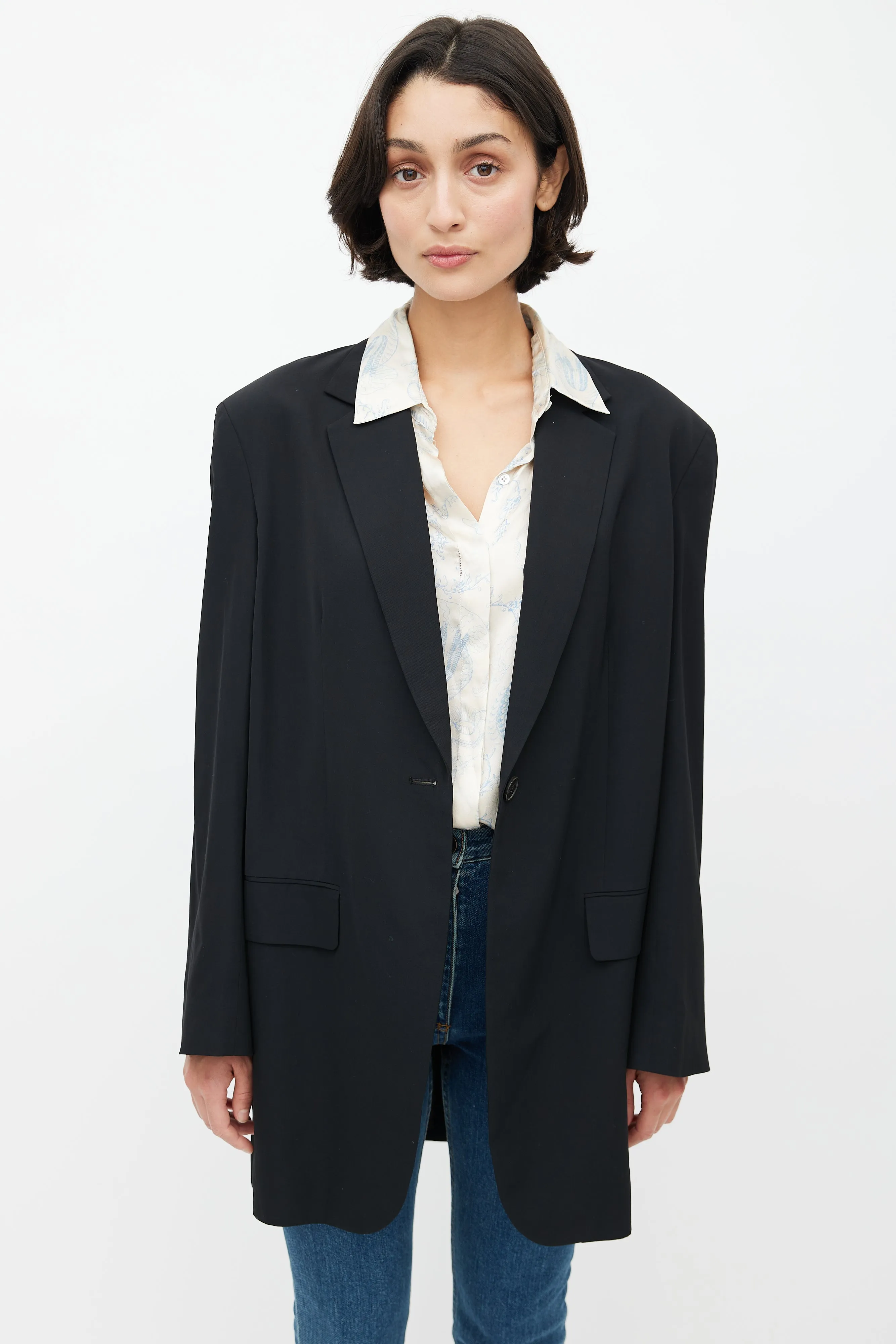 Black Wool Single Button Blazer