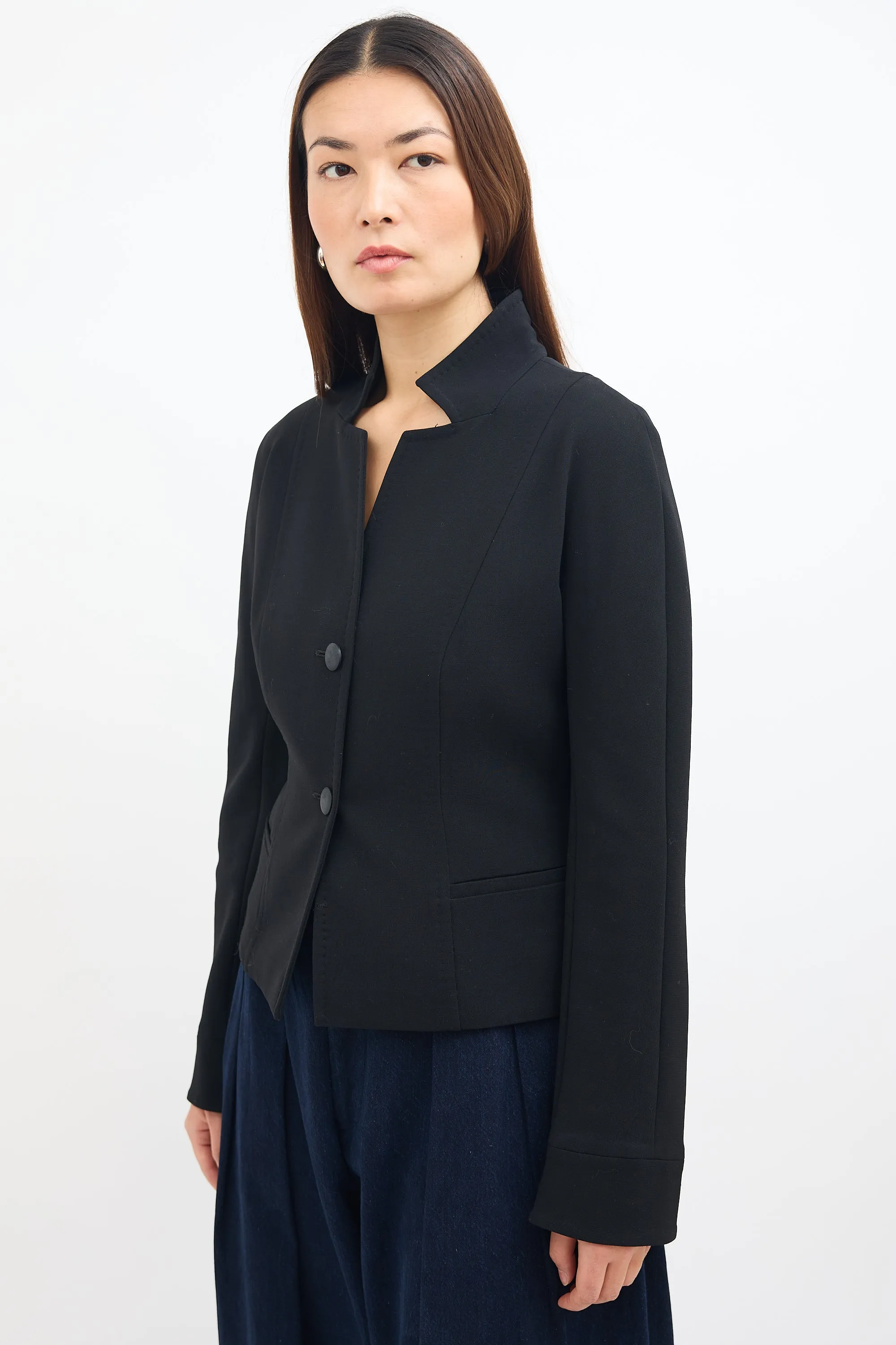 Black Wool Stand Collar Blazer