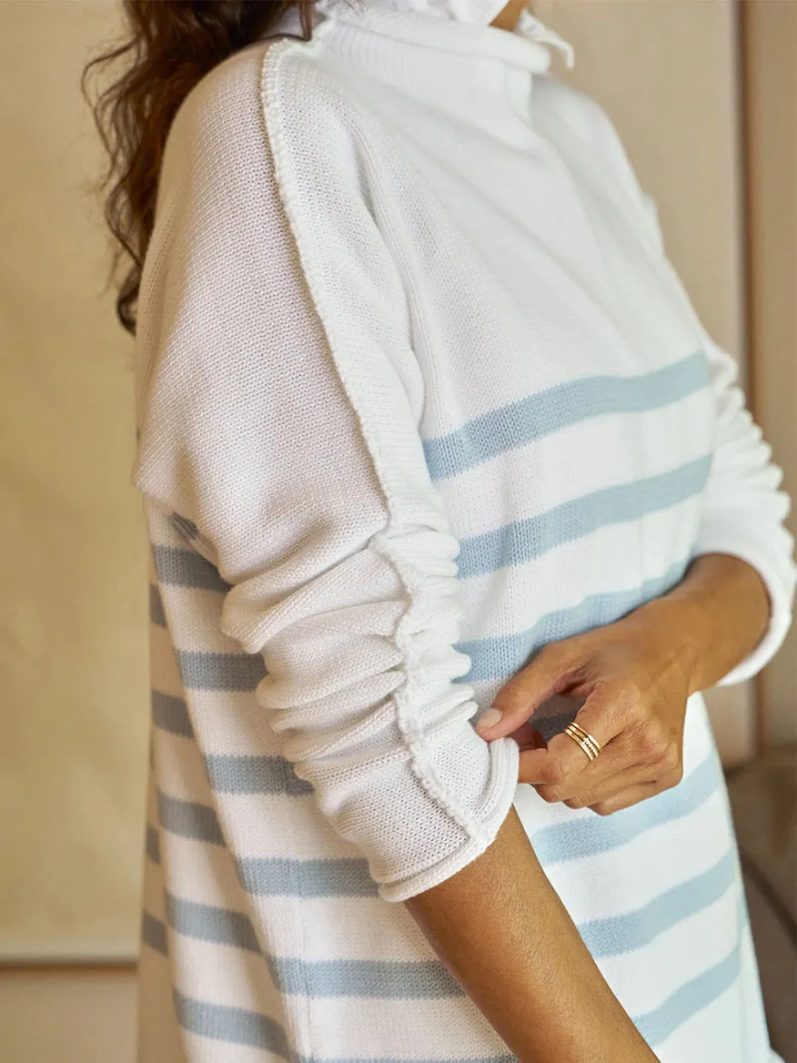 Frank & Eileen Monterey Rolled Funnel Neck Sweater in White & Ice Stripe