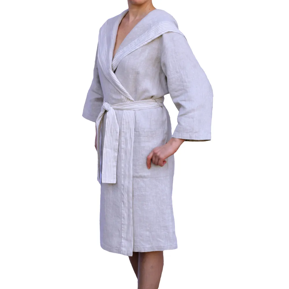 Linen Bath Robe with Hoodie and Two Pockets - Stonewashed Thin Linen - Light Natural Color