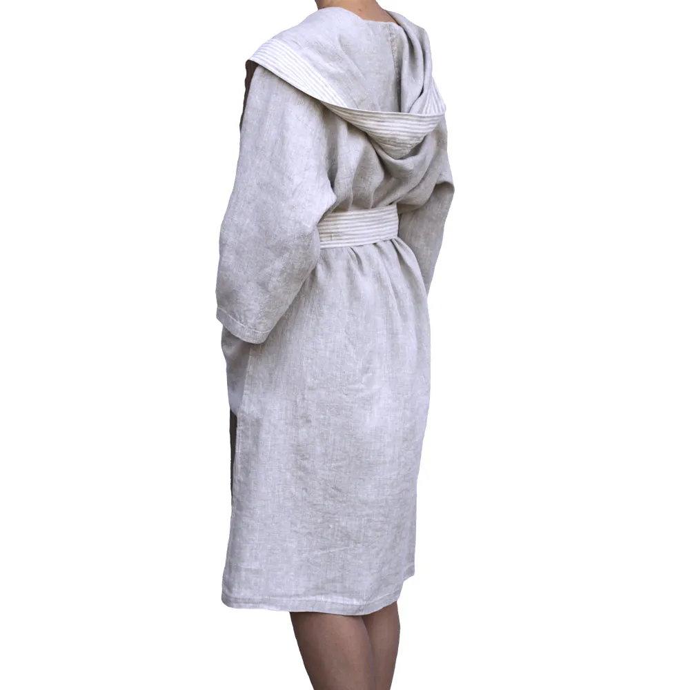 Linen Bath Robe with Hoodie and Two Pockets - Stonewashed Thin Linen - Light Natural Color