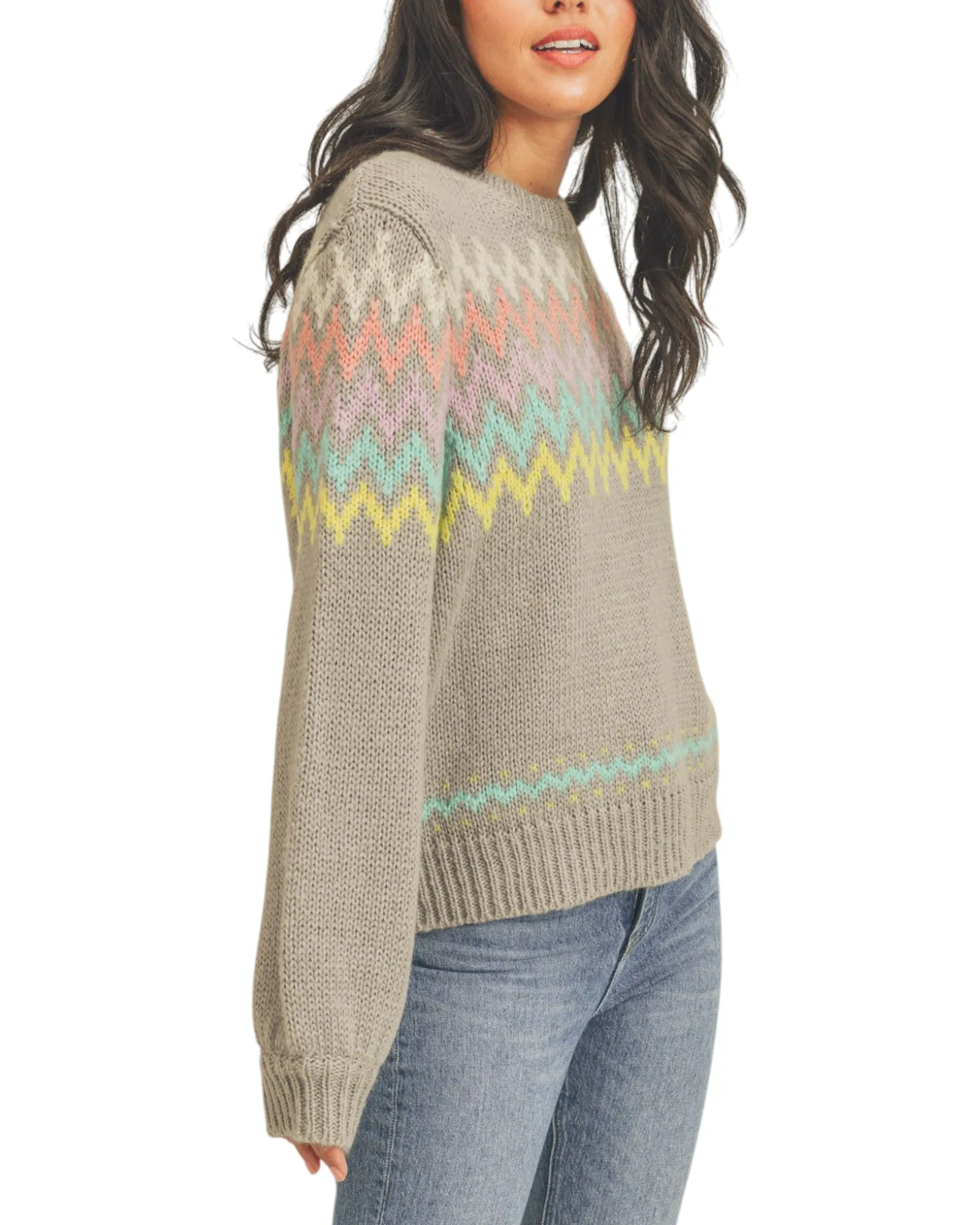 Multi-Color Zig Zag Fair Isle Grey Knit Sweater