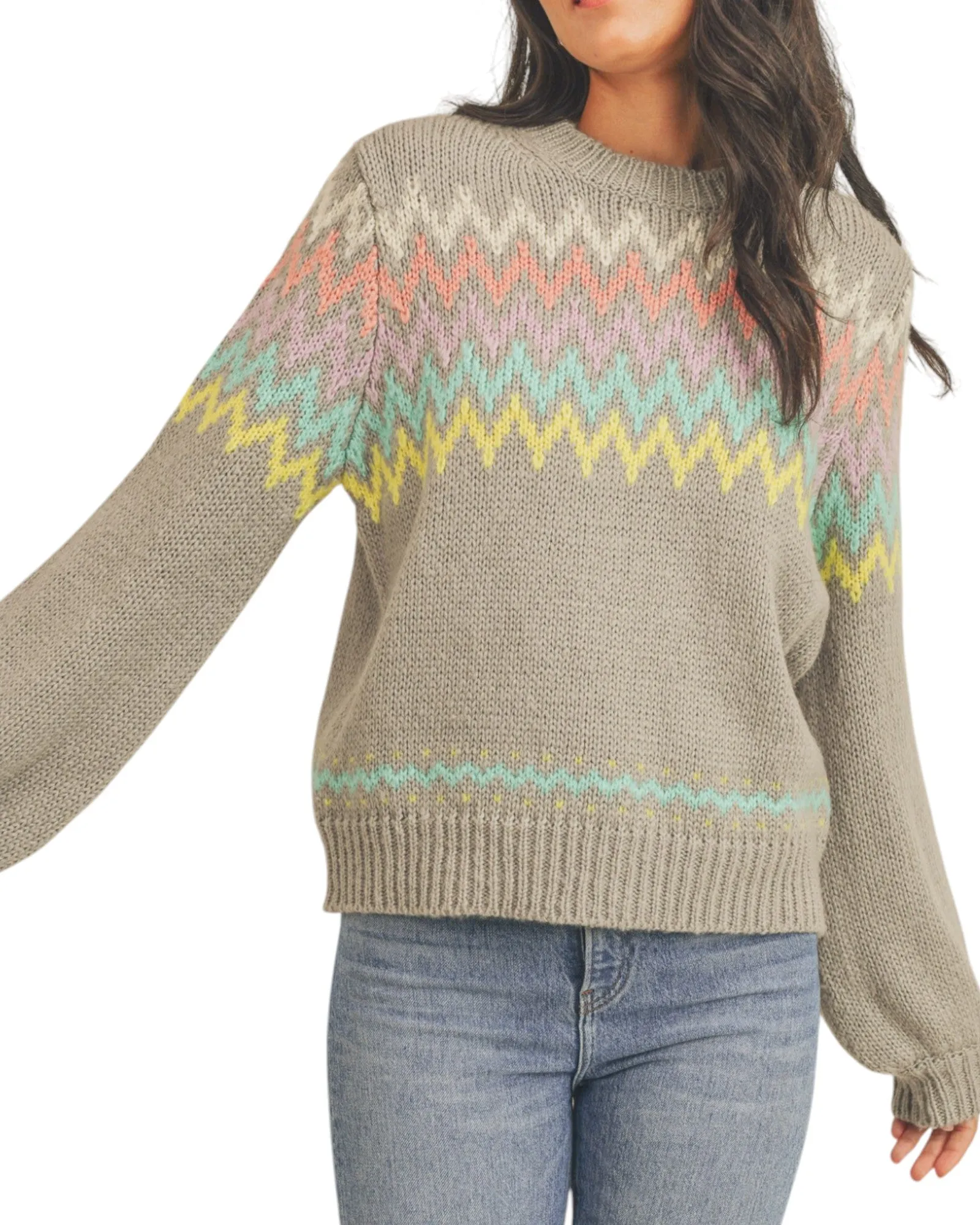 Multi-Color Zig Zag Fair Isle Grey Knit Sweater