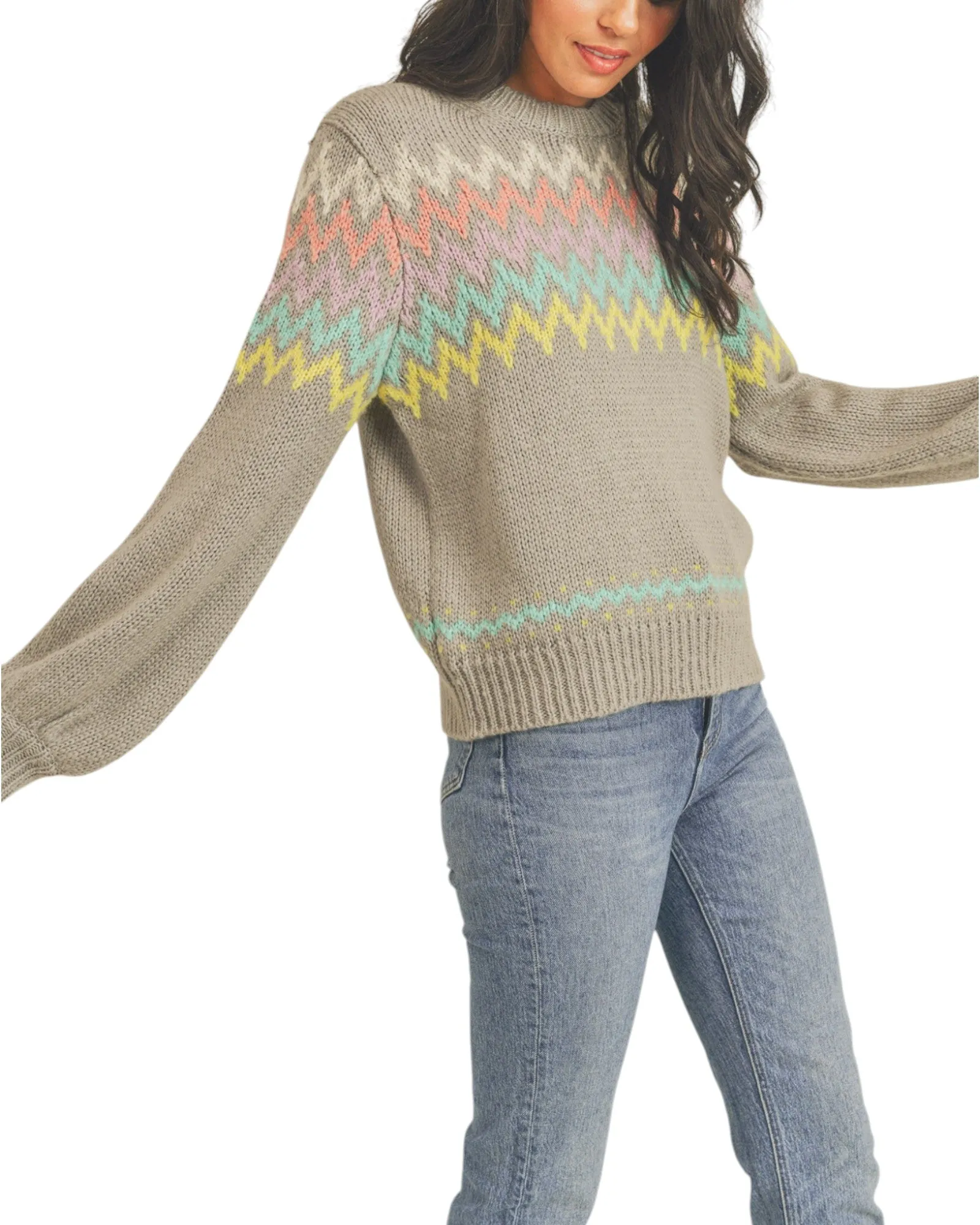 Multi-Color Zig Zag Fair Isle Grey Knit Sweater