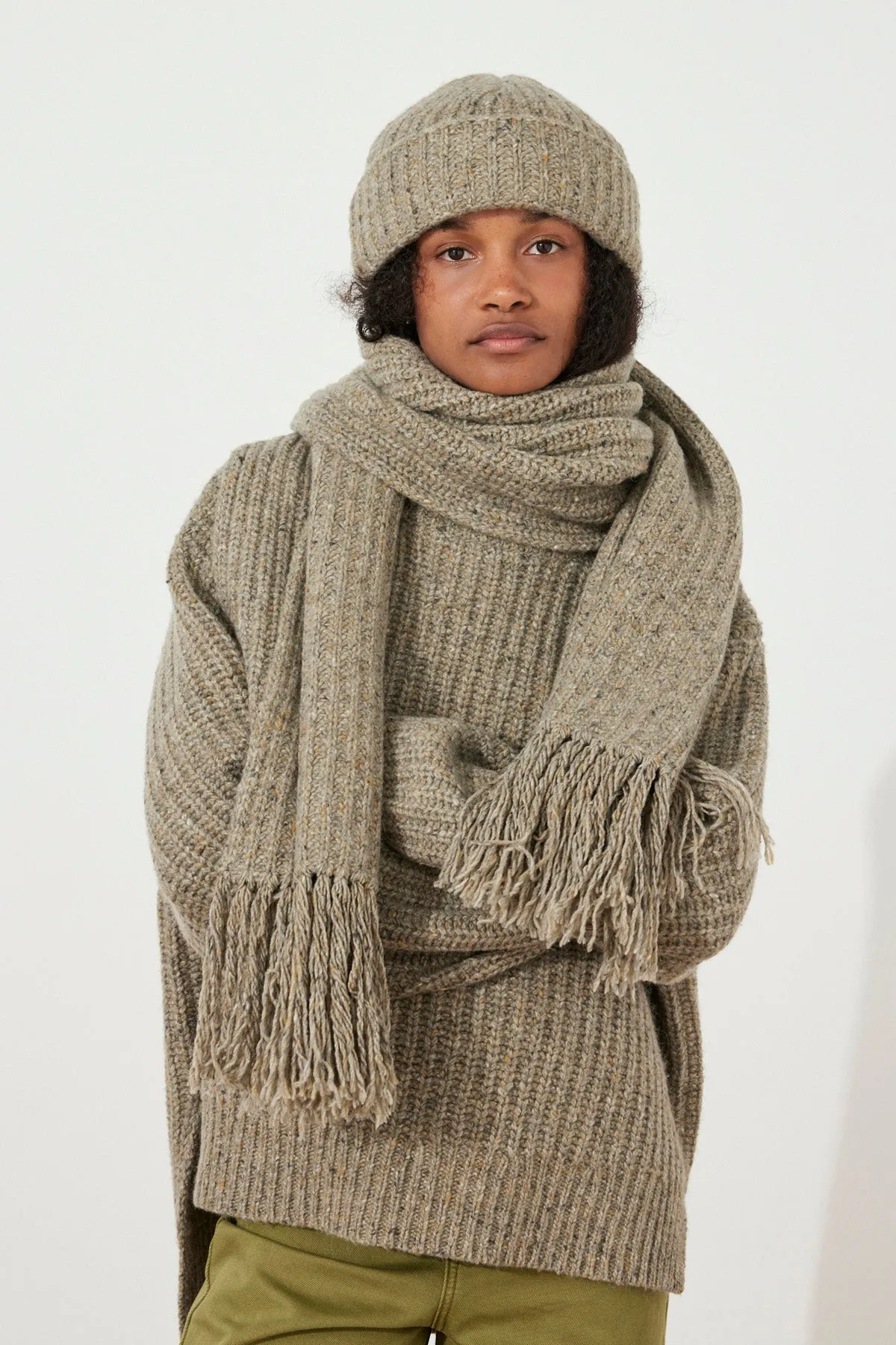 Olive Merino Wool Blend Knit Beanie