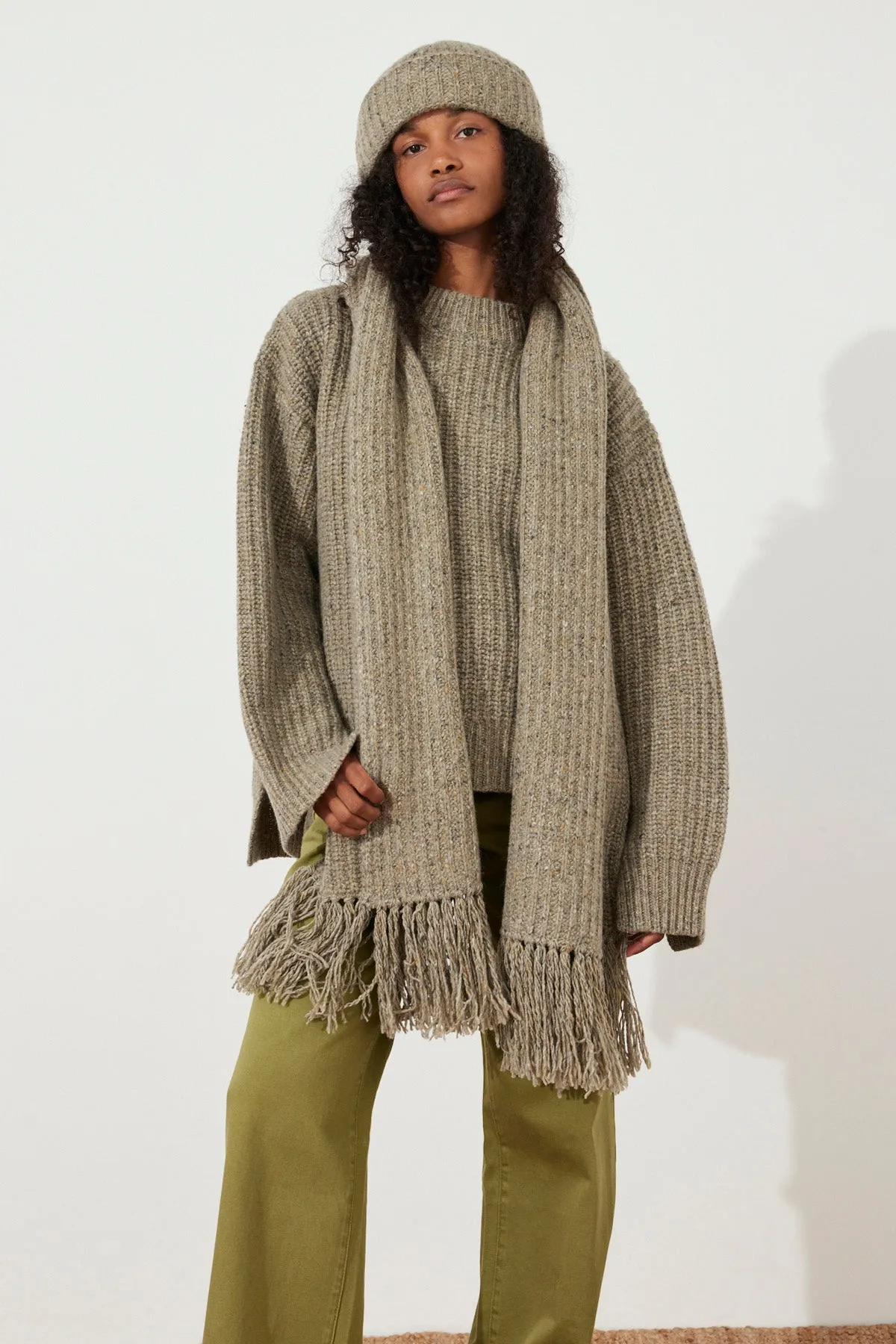 Olive Merino Wool Blend Knit Beanie