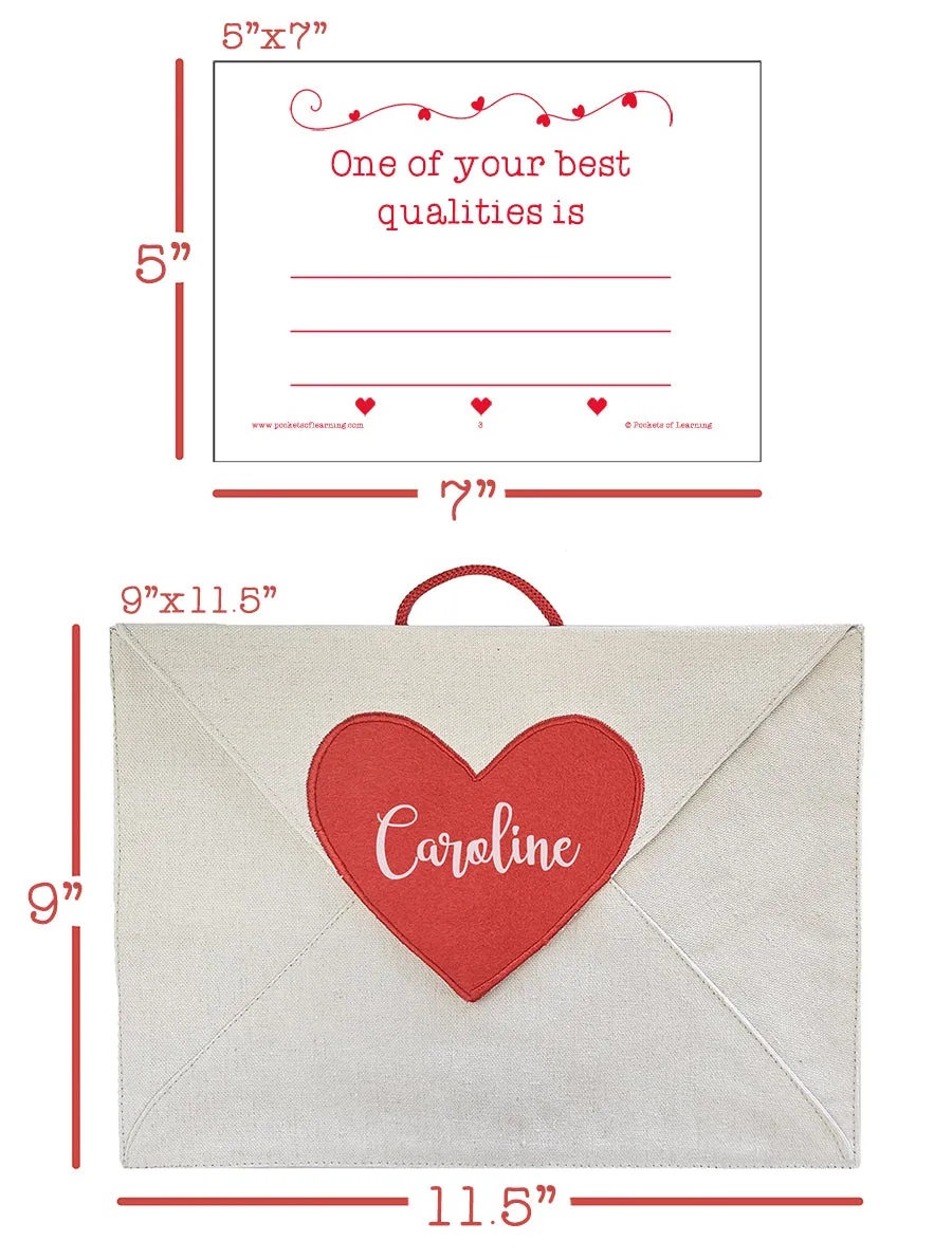 Personalized Valentine Heart Canvas Envelope w/ 14 Love Note Cards with hanging loop for mantle, chair, or door