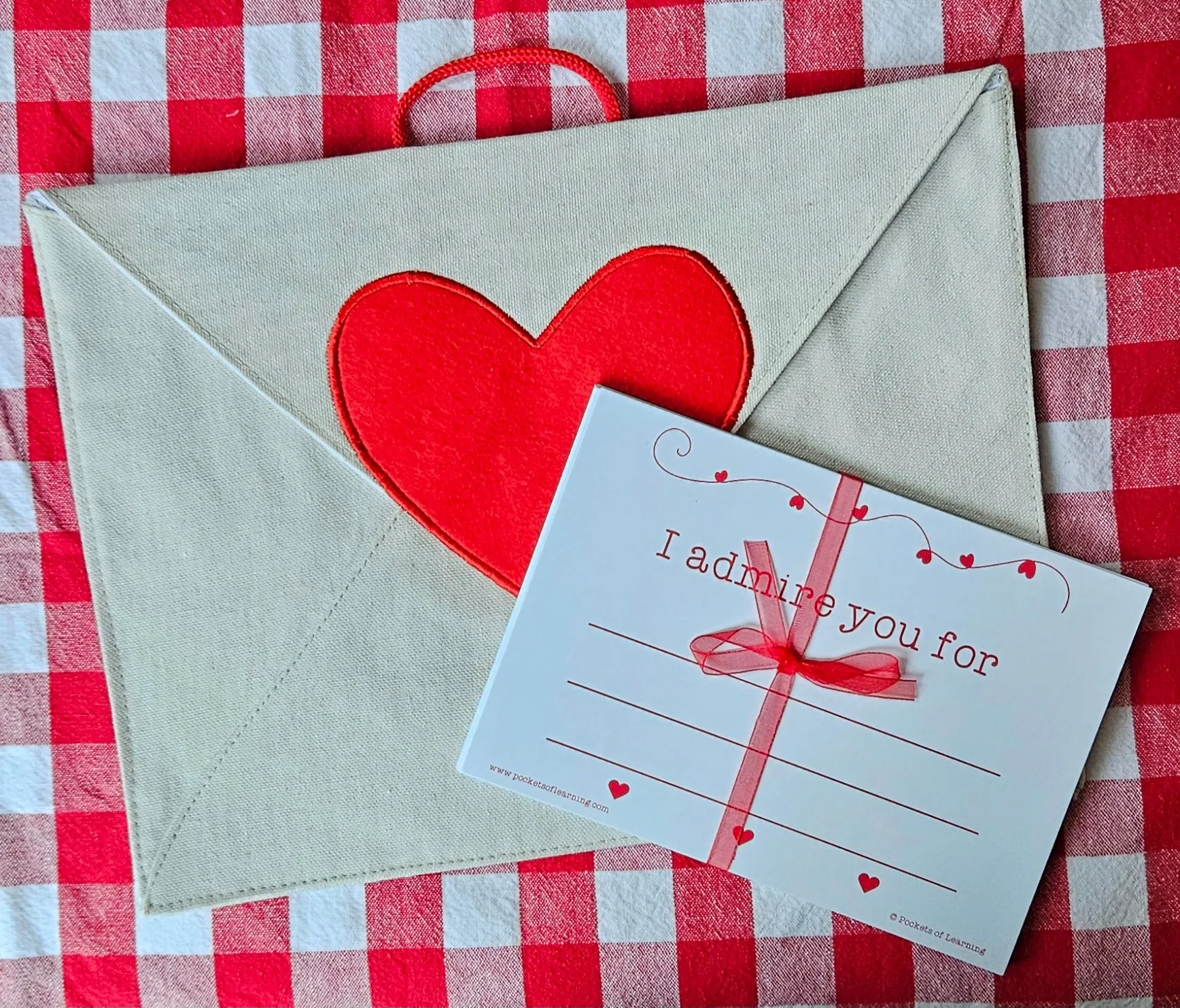 Personalized Valentine Heart Canvas Envelope w/ 14 Love Note Cards with hanging loop for mantle, chair, or door