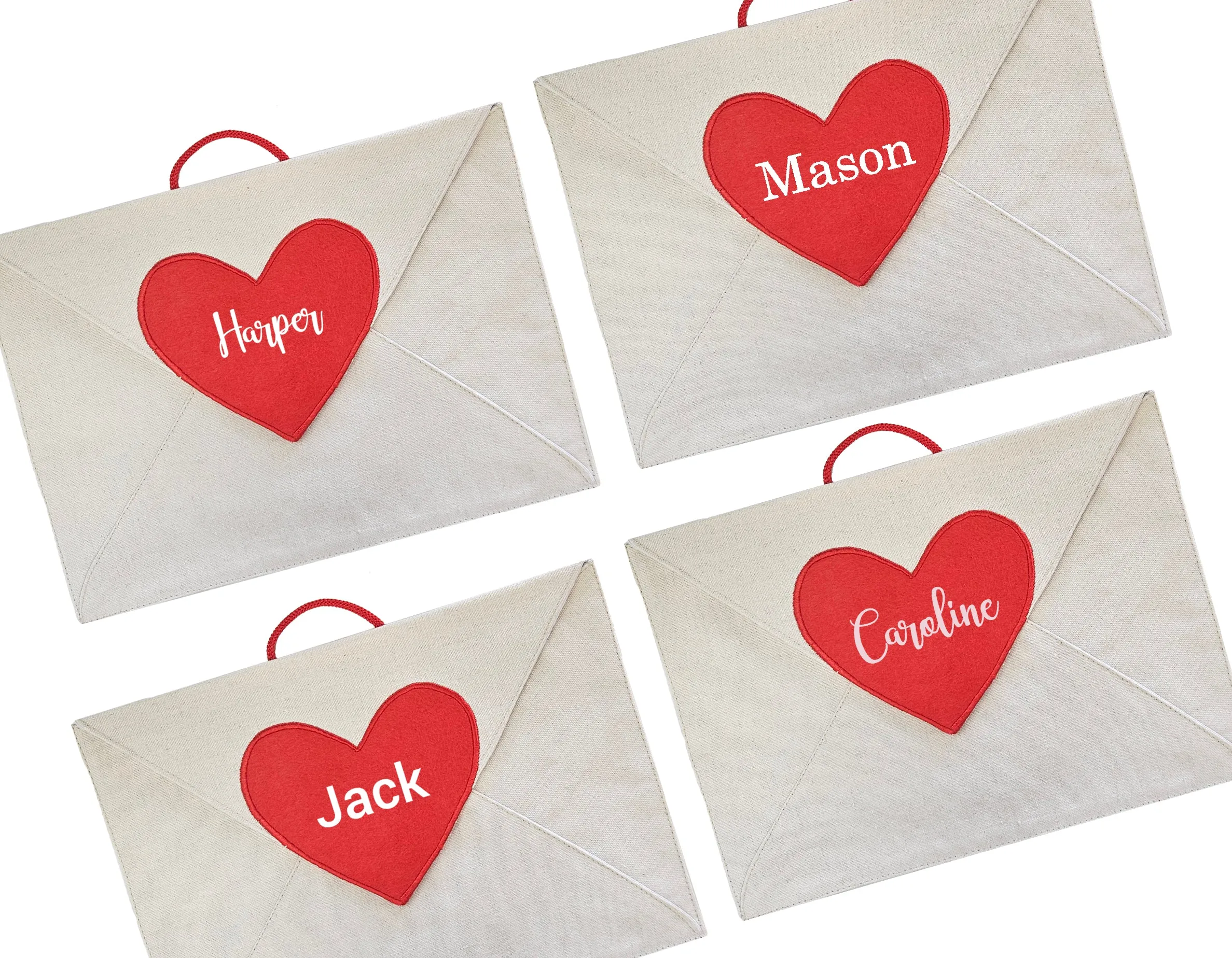 Personalized Valentine Heart Canvas Envelope w/ 14 Love Note Cards with hanging loop for mantle, chair, or door