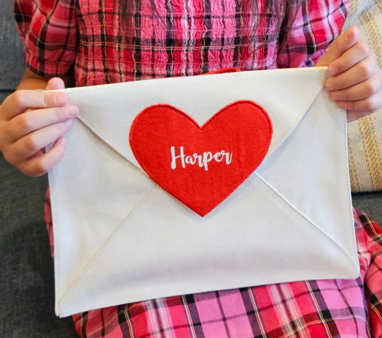Personalized Valentine Heart Canvas Envelope w/ 14 Love Note Cards with hanging loop for mantle, chair, or door