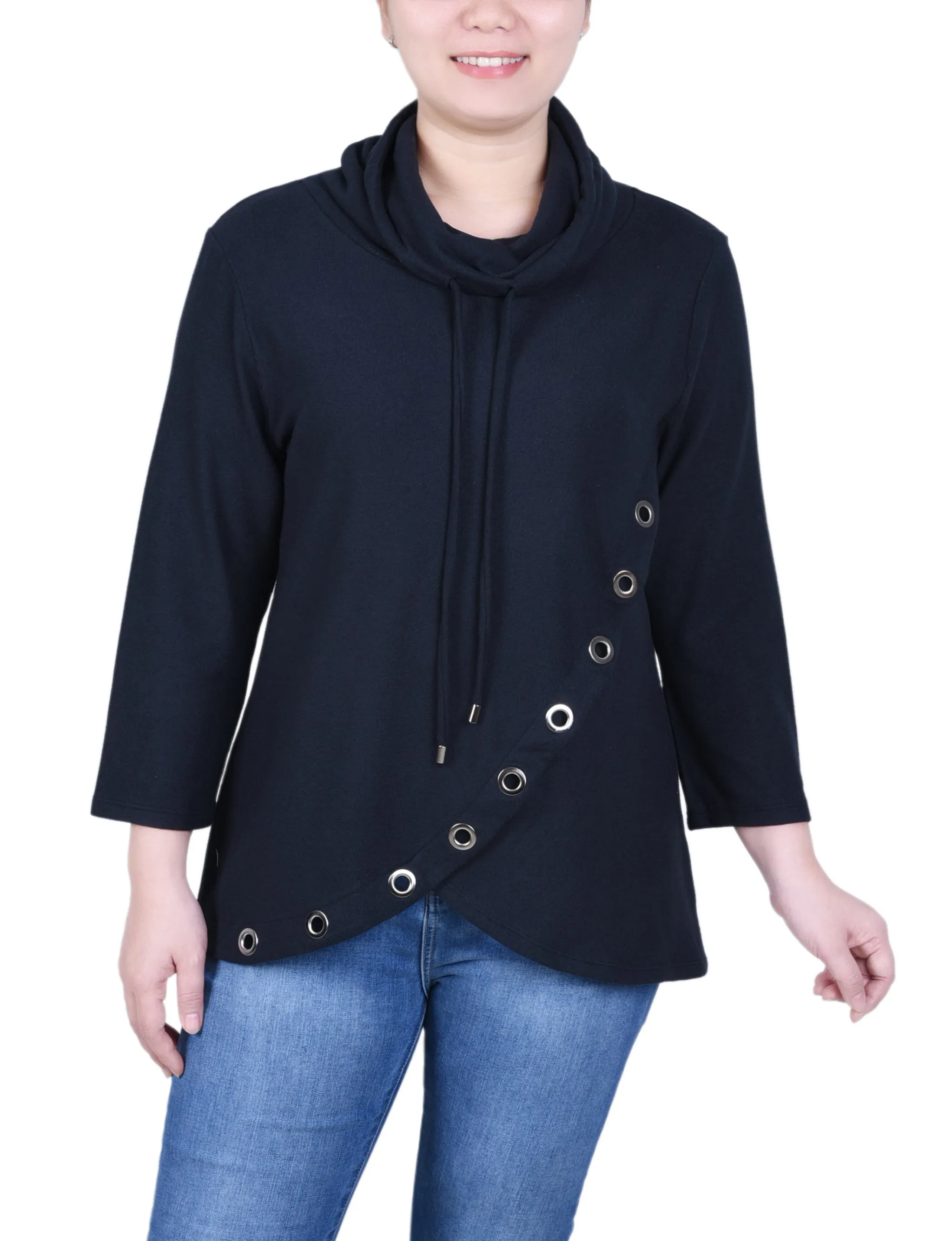 Petite 3/4 Slv Top With Grommet Hem