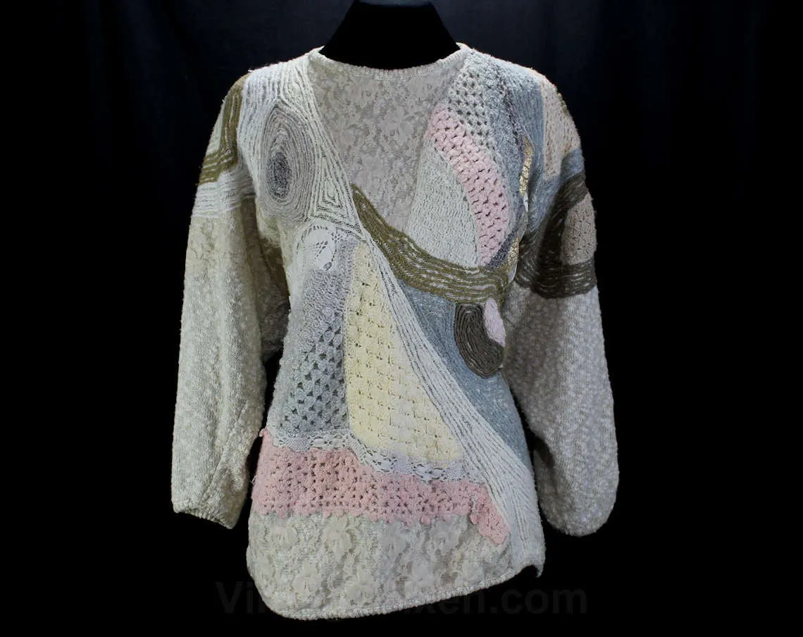 Size 14 Collage Pullover - 1980s Artsy Mixed Media Pastel Sweater - Large 80s Textured Chenille Lace Knit & Crochet - Spring Chic - Bust 47