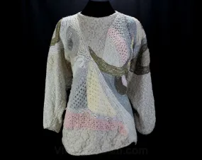Size 14 Collage Pullover - 1980s Artsy Mixed Media Pastel Sweater - Large 80s Textured Chenille Lace Knit & Crochet - Spring Chic - Bust 47