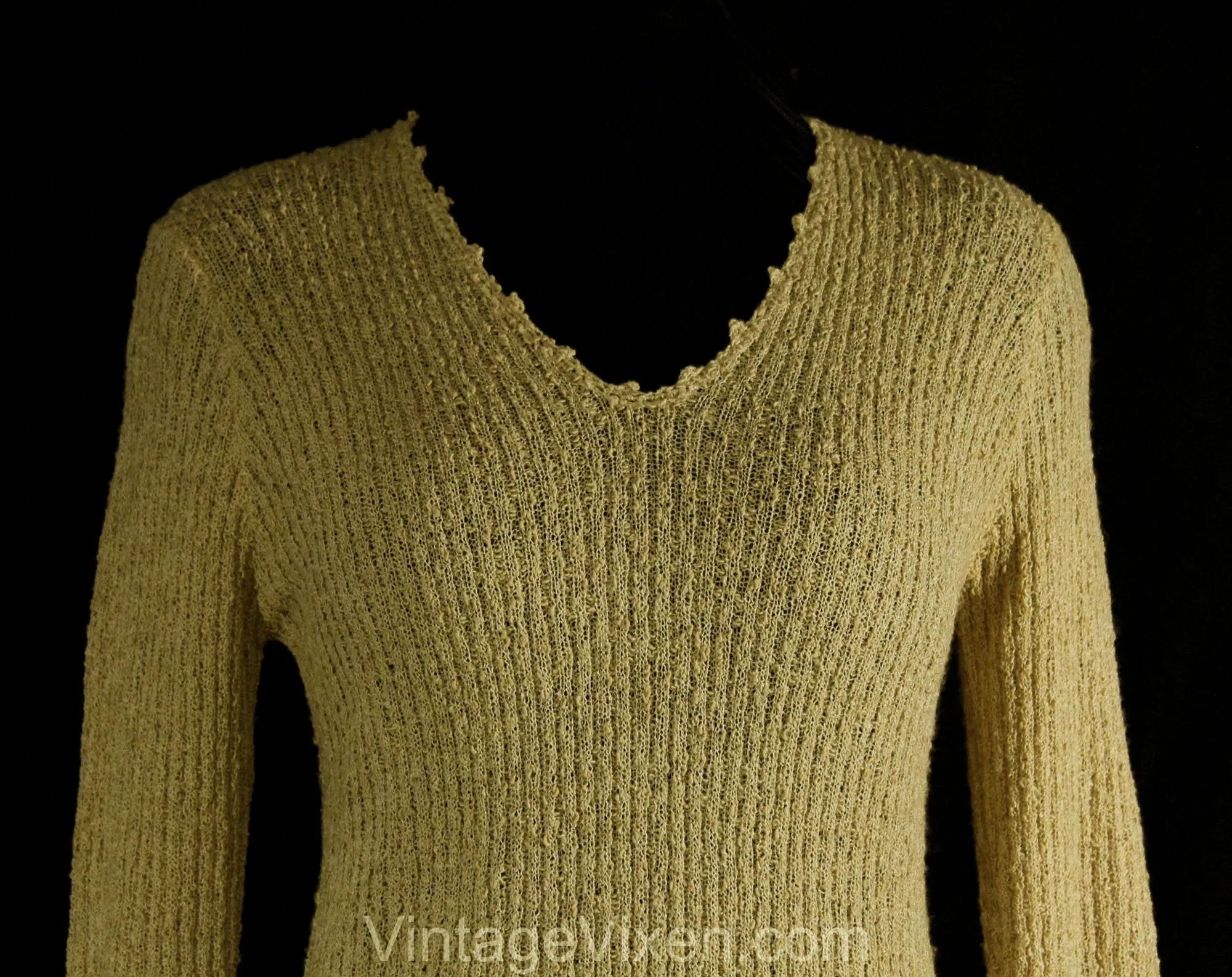 Size 6 Tan Pullover - 1980s Taupe Boucle Sweater - Small 80s V Neck Casual 80's Nubby Textured Beige Knit Top - Fall Autumn - Bust 34