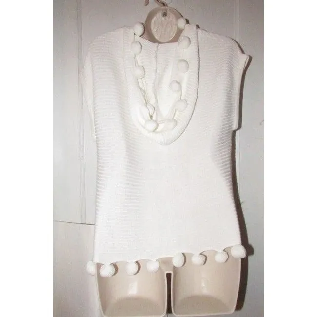 Trina Turk White With Textured Design And Pom Pom Accents At The Hem And Hood Top