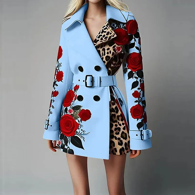 UAKISS  -  Casual Double Breasted Slim Outwear Fashion Temperament Laple Long Sleeve Jacket Autumn Winter Pattern Printed Belt Women's Coat