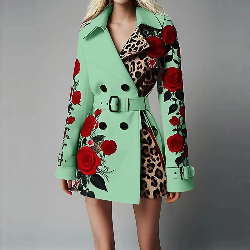UAKISS  -  Casual Double Breasted Slim Outwear Fashion Temperament Laple Long Sleeve Jacket Autumn Winter Pattern Printed Belt Women's Coat