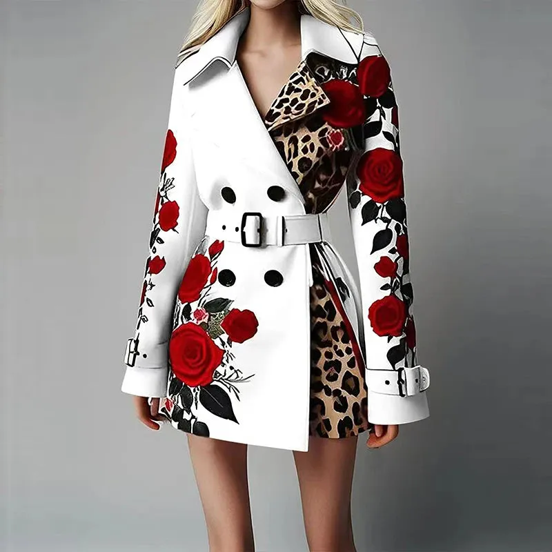 UAKISS  -  Casual Double Breasted Slim Outwear Fashion Temperament Laple Long Sleeve Jacket Autumn Winter Pattern Printed Belt Women's Coat