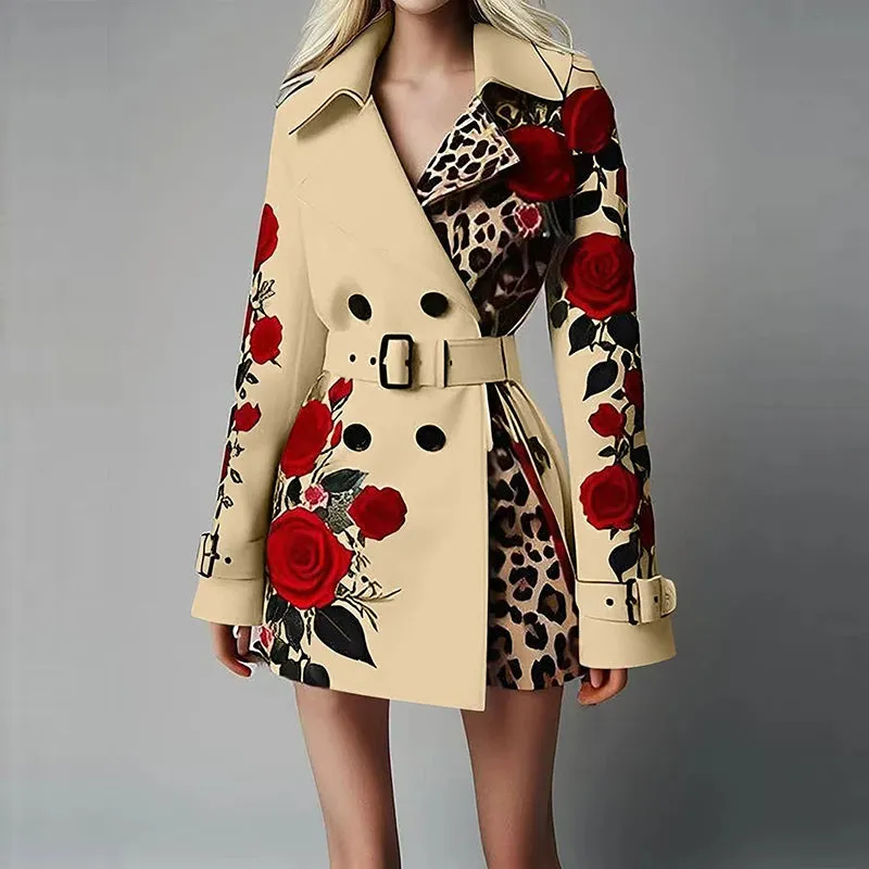 UAKISS  -  Casual Double Breasted Slim Outwear Fashion Temperament Laple Long Sleeve Jacket Autumn Winter Pattern Printed Belt Women's Coat
