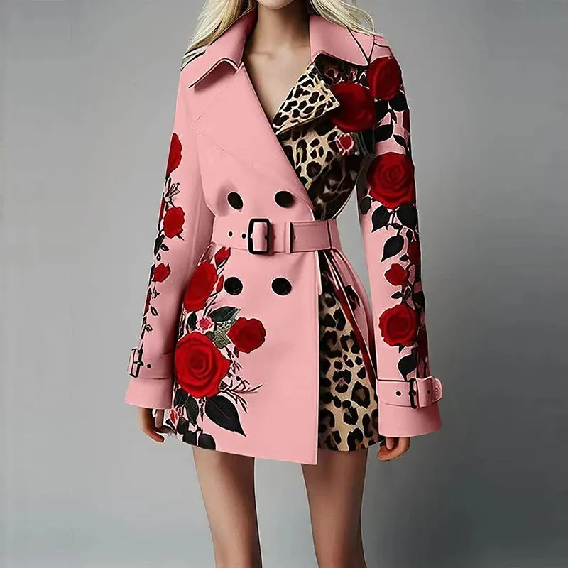 UAKISS  -  Casual Double Breasted Slim Outwear Fashion Temperament Laple Long Sleeve Jacket Autumn Winter Pattern Printed Belt Women's Coat