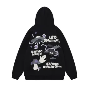 Vintage Bat Ghost Letter Print Hoodie with Pockets