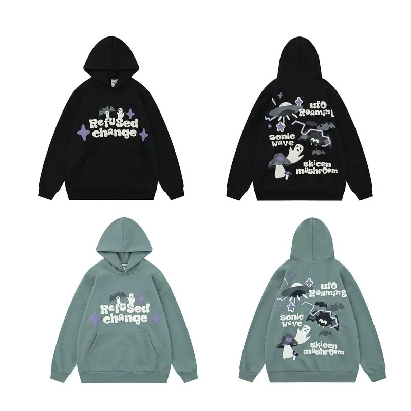 Vintage Bat Ghost Letter Print Hoodie with Pockets