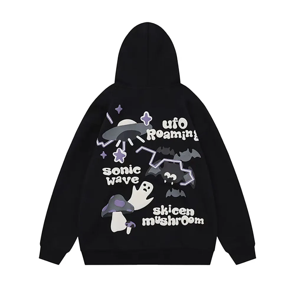 Vintage Bat Ghost Letter Print Hoodie with Pockets